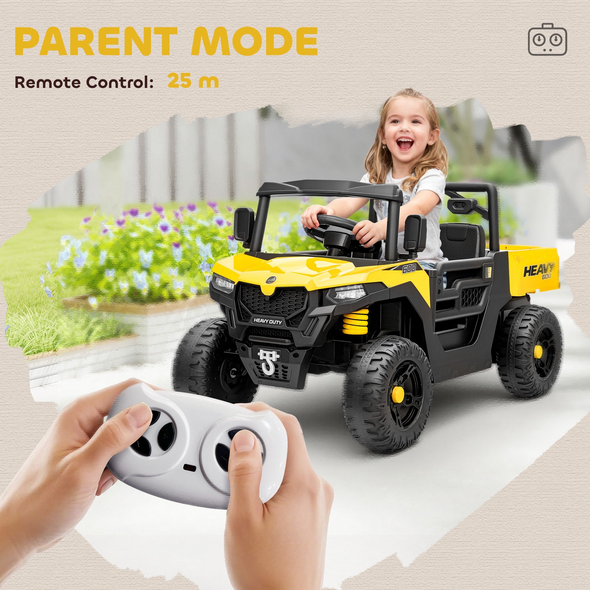 AIYAPLAY Kids Ride on Car, 12V Electric Kids UTV with Electric Dump Bed, 4-Wheel Suspension for 3-8 Years, Yellow - anydaydirect