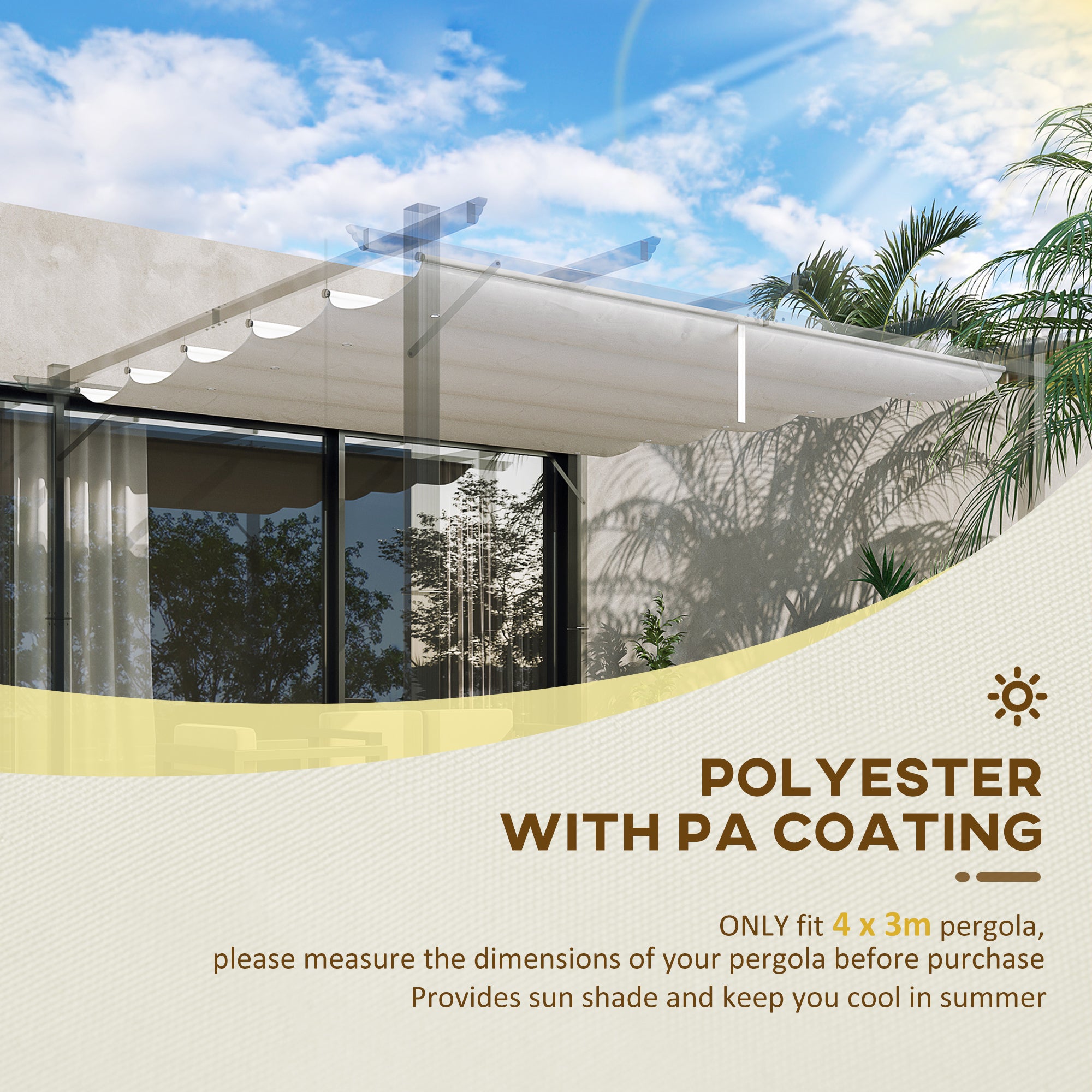 Outsunny Retractable Pergola Shade Cover, Replacement Canopy Fabric for 3 x 3 (m) Pergola, Gazebo Retractable Roof, Cream White - anydaydirect