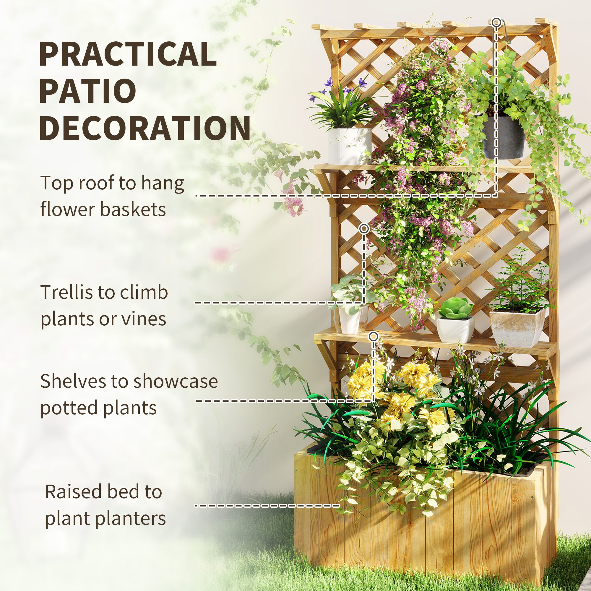Outsunny 52L Wooden Planter, with Trellis and Shelves - Natural Finish - anydaydirect
