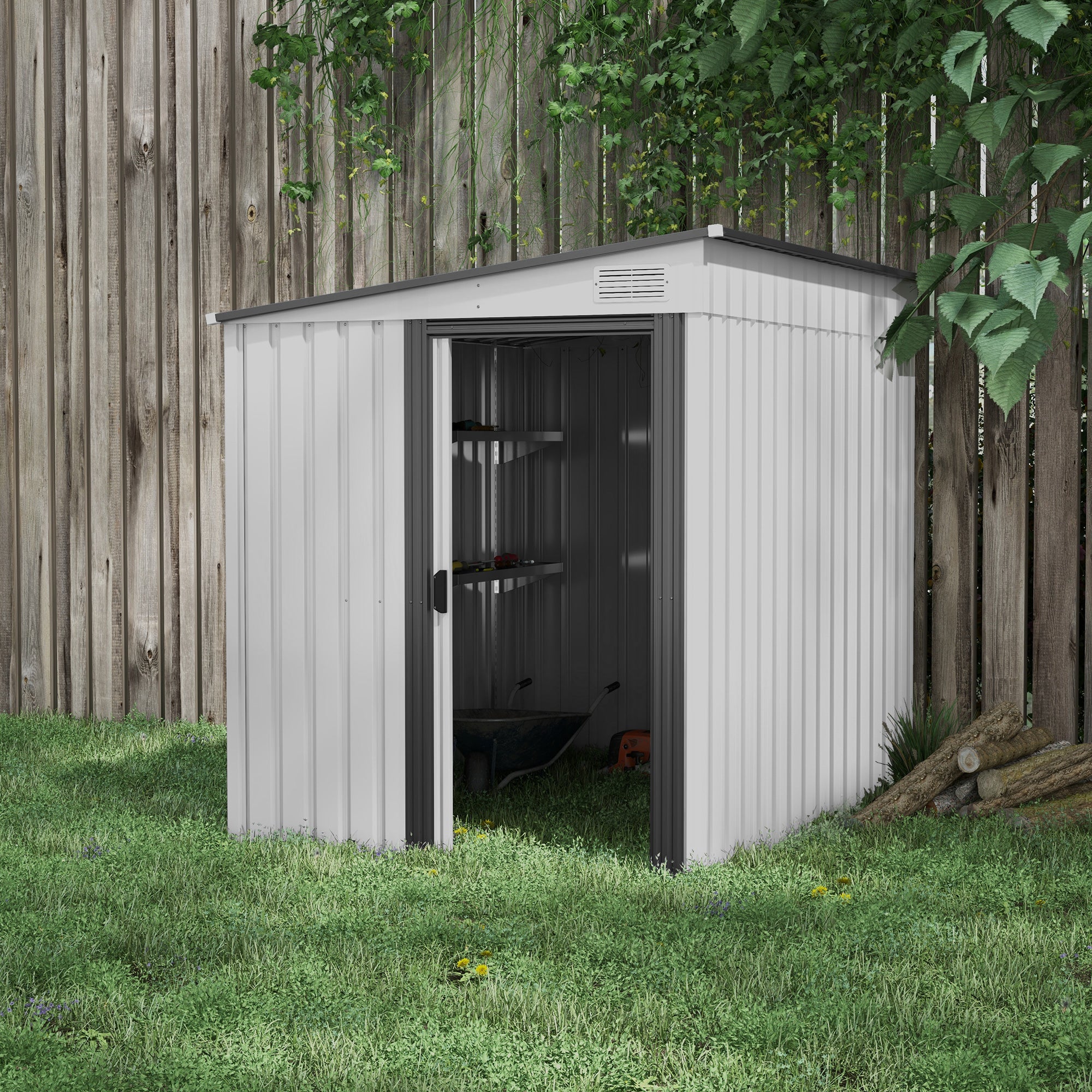 Outsunny 5 x 7FT Galvanised Metal Shed with Foundation, Lean to Tool Garden Shed with Sliding Doors and 2 Vents, White - anydaydirect