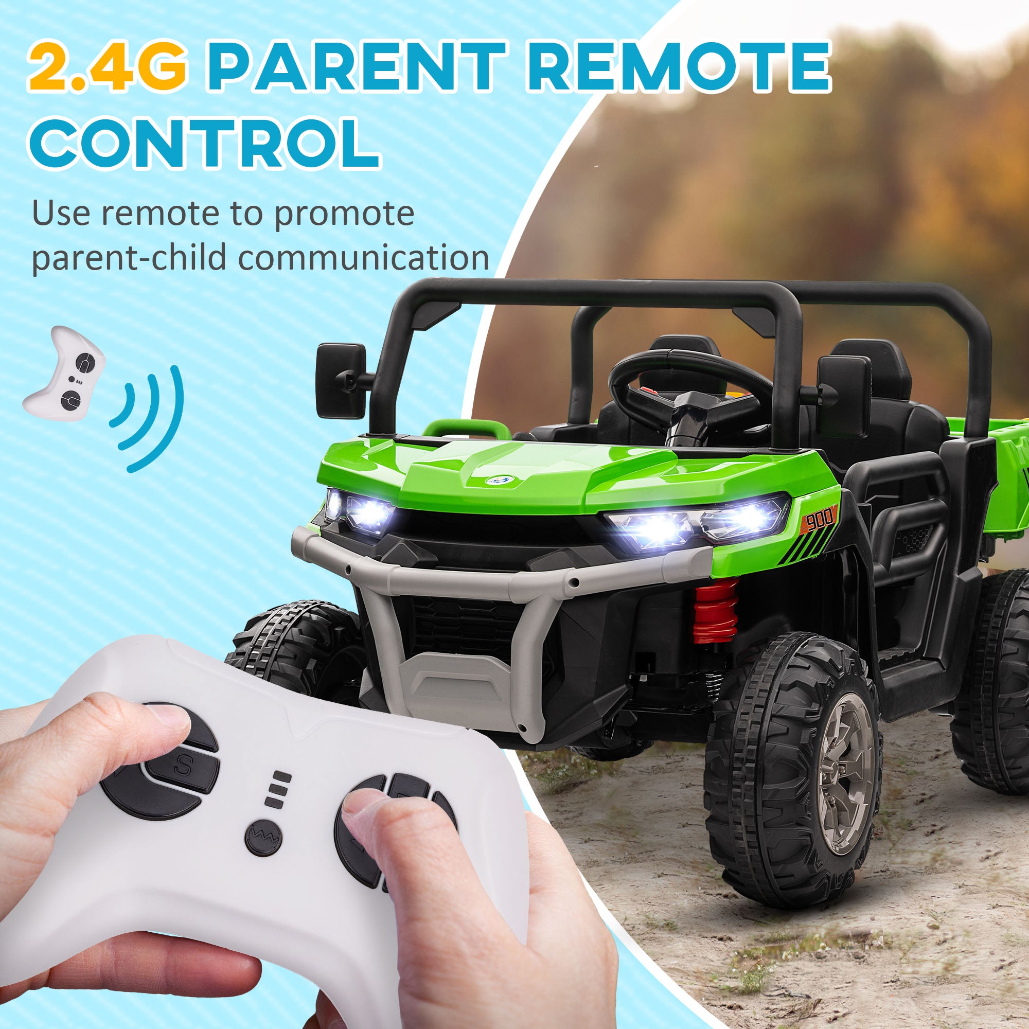 HOMCOM 12V Two-Seater Kids Electric Ride-On Car, with Electric Bucket, Remote Control - Green - anydaydirect