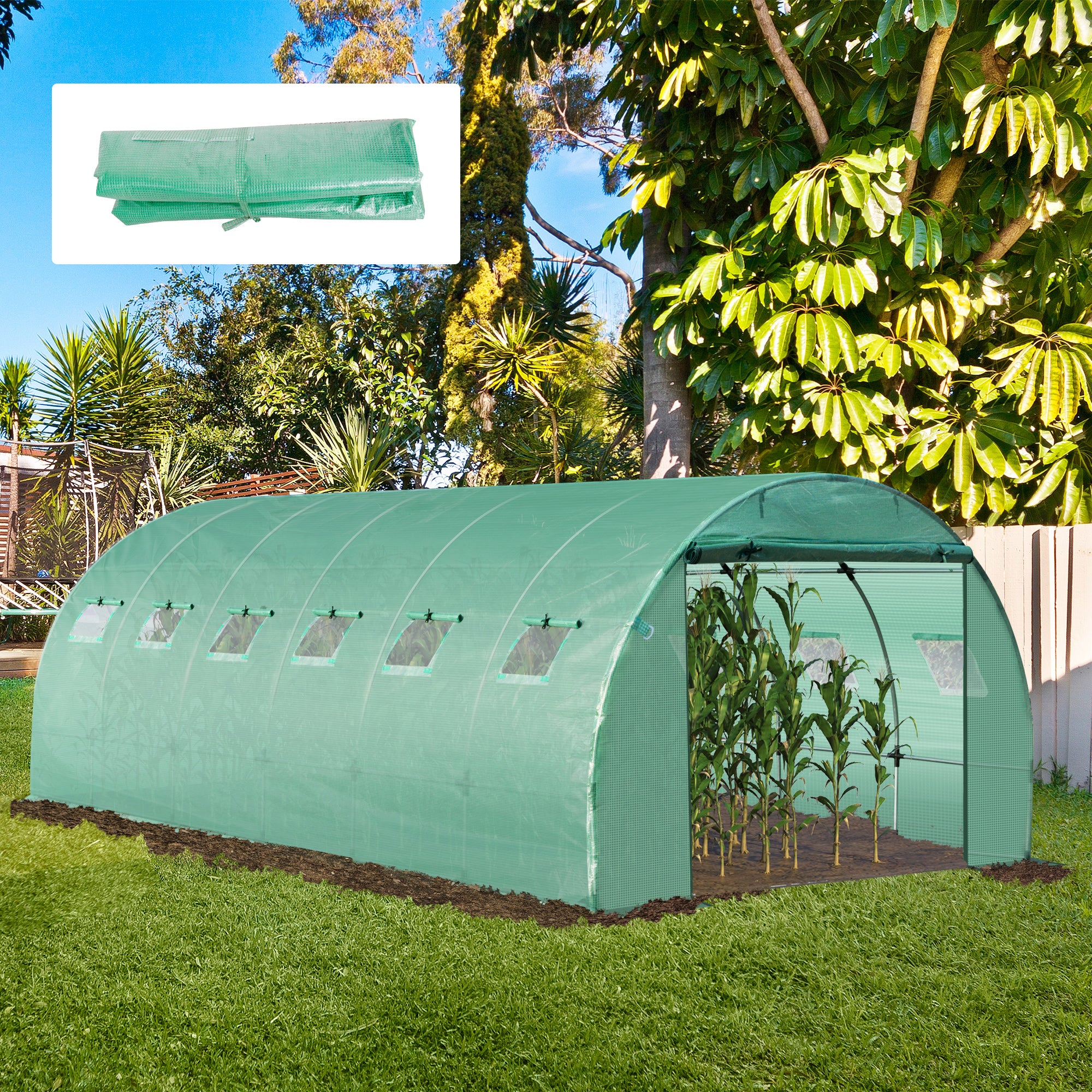 Outsunny 6 x 3 x 2m Greenhouse Replacement Cover ONLY Winter Garden Plant PE Cover for Tunnel Walk-in Greenhouse with Roll-up Windows Door Outdoor, Green - anydaydirect
