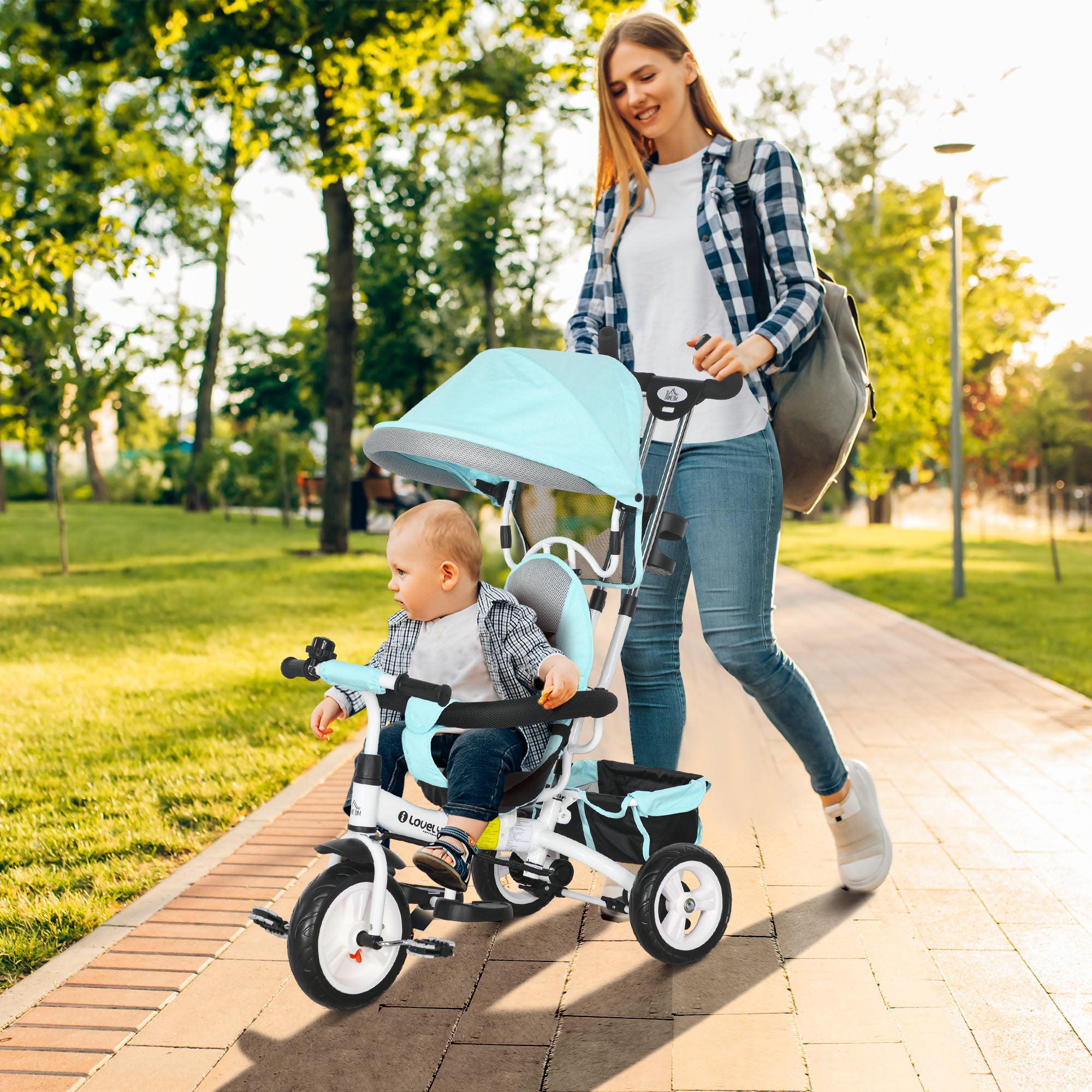 HOMCOM 6 in 1 Kids Trike Push Bike w/ Push Handle, Canopy, 5-point Safety Belt, Storage, Footrest, Brake, for 1-5 Years, Green - anydaydirect