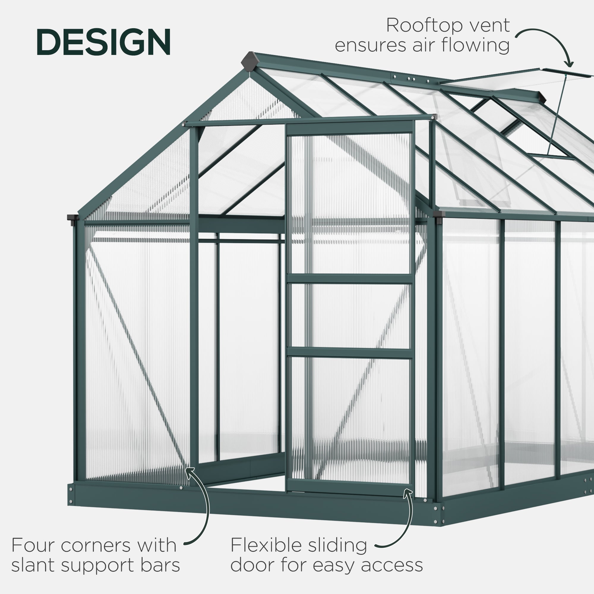 Outsunny 6 x 10ft Polycarbonate Greenhouse, Large Walk-In Green House with Slide Door and Window, Garden Plants Grow House with Aluminium Frame and Foundation, Dark Green - anydaydirect