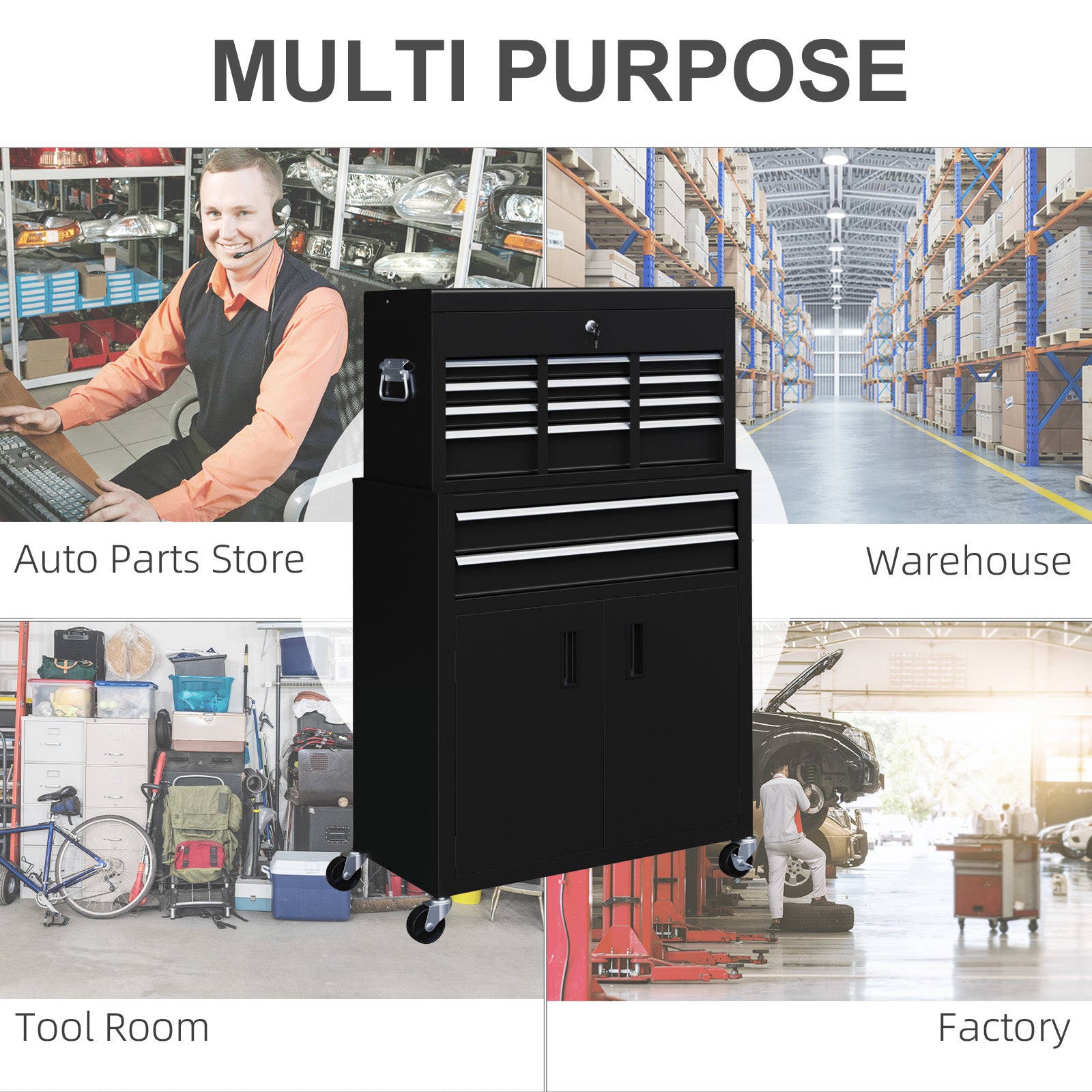 HOMCOM Portable Tool Box, Metal Tool Chest on Wheels with 6 Drawers for Garage and Workshop, Black - anydaydirect