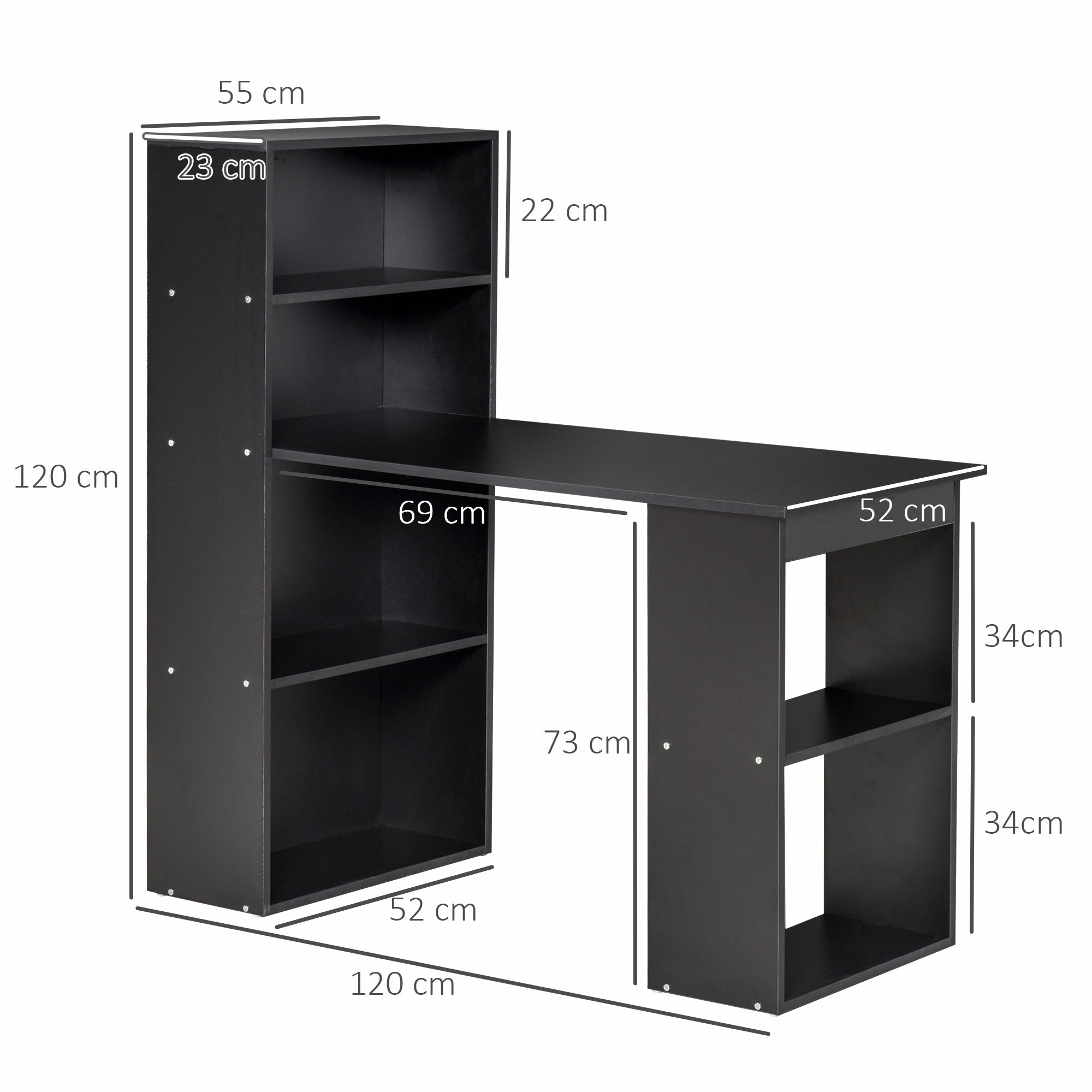 HOMCOM 120cm Modern Computer Desk Bookshelf Study Table Workstation PC Laptop Writing Home Office 6 Shelves, Black - anydaydirect