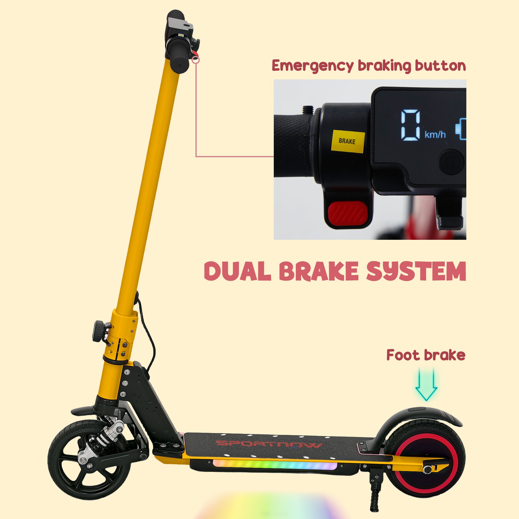 SPORTNOW Folding Electric Scooter for Kids Age 6-14 with Dual Brakes, Front Suspension, LED Colourful Lights and Display, 6.8kg Lightweight Aluminium E Scooter, Up to 14 KM/H & 6 KM, Gold Tone - anydaydirect