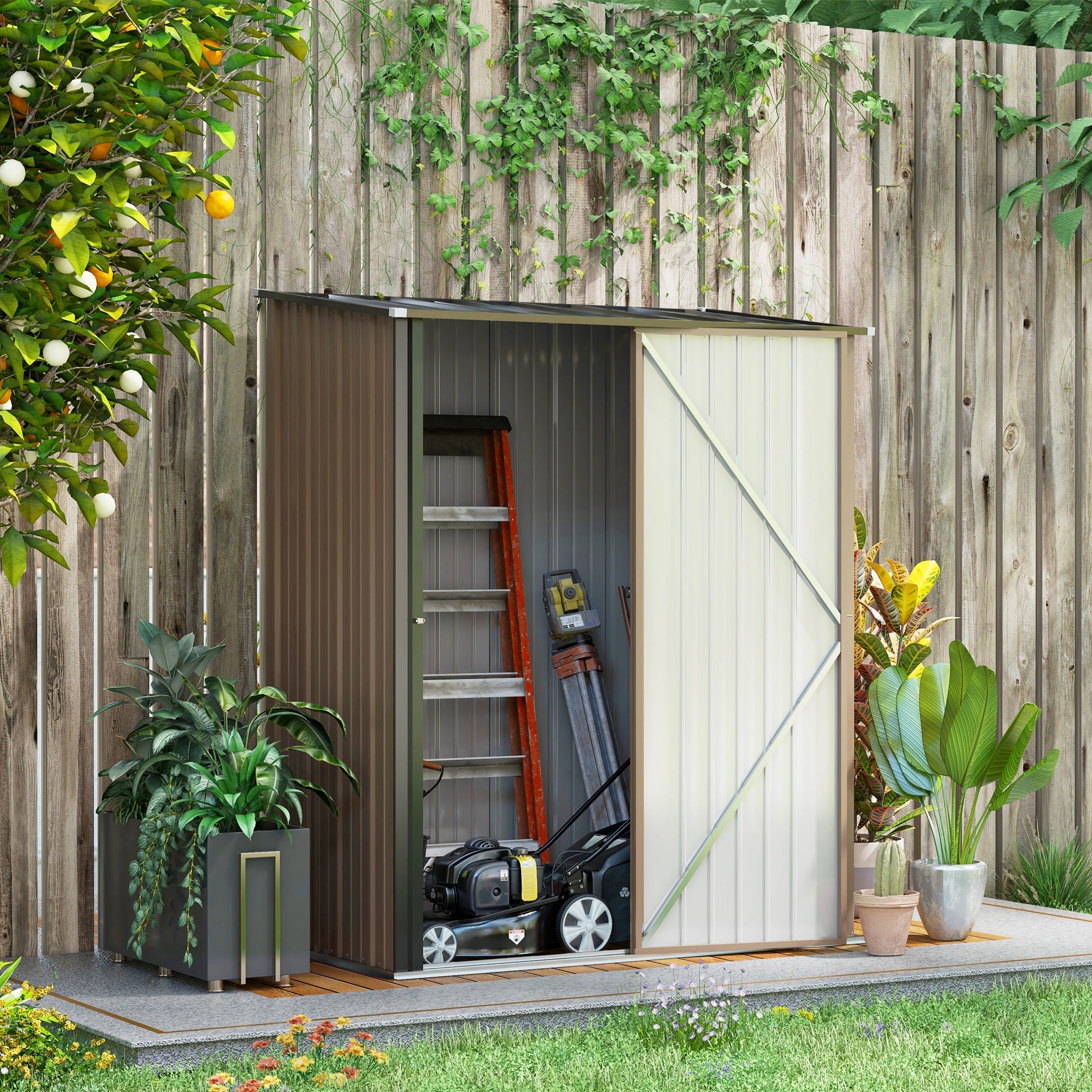 Outsunny 5 x 3 ft Metal Garden Storage Shed Patio Corrugated Steel Roofed Tool Shed with Single Lockable Door, Brown - anydaydirect