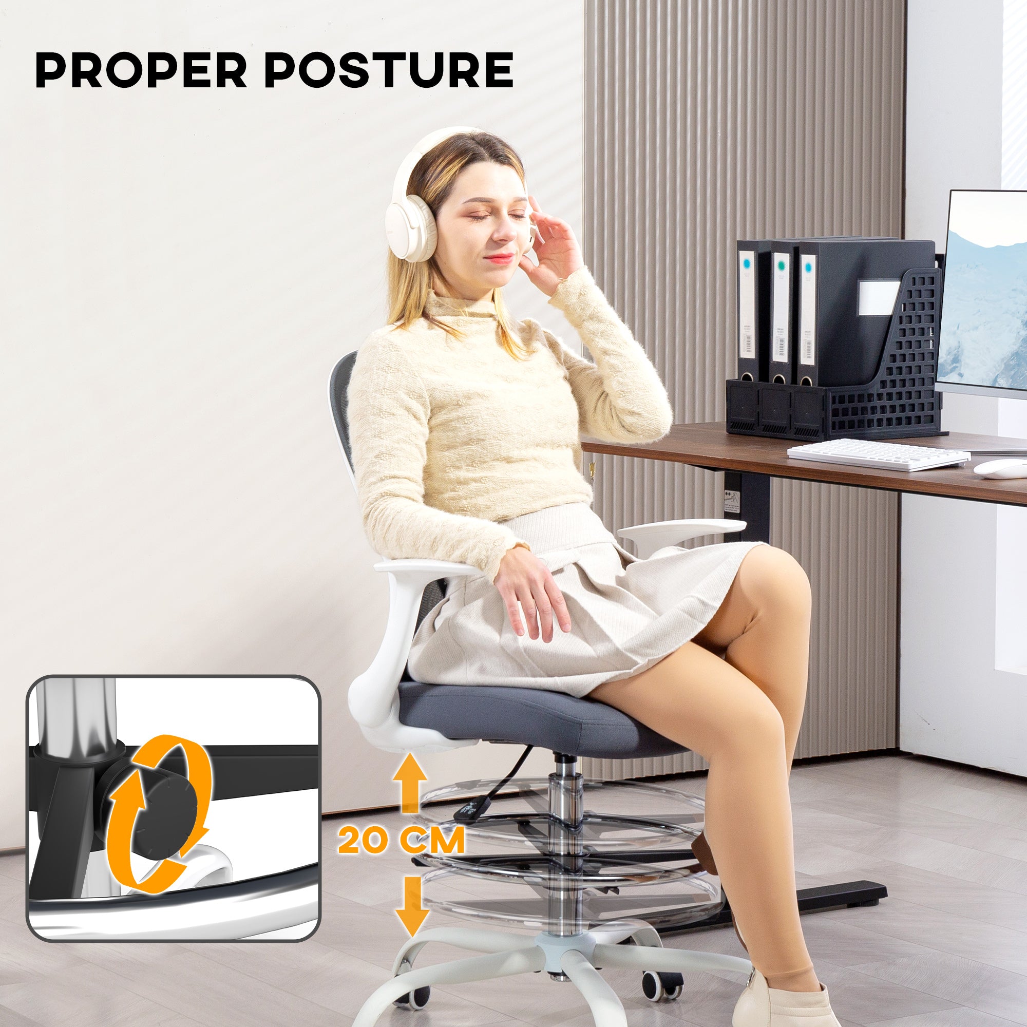 HOMCOM Draughtsman Chair, Mesh Drafting Chair, Ergonomic Office Chair with Flip-up Armrest, Adjustable Foot Ring, Grey - anydaydirect