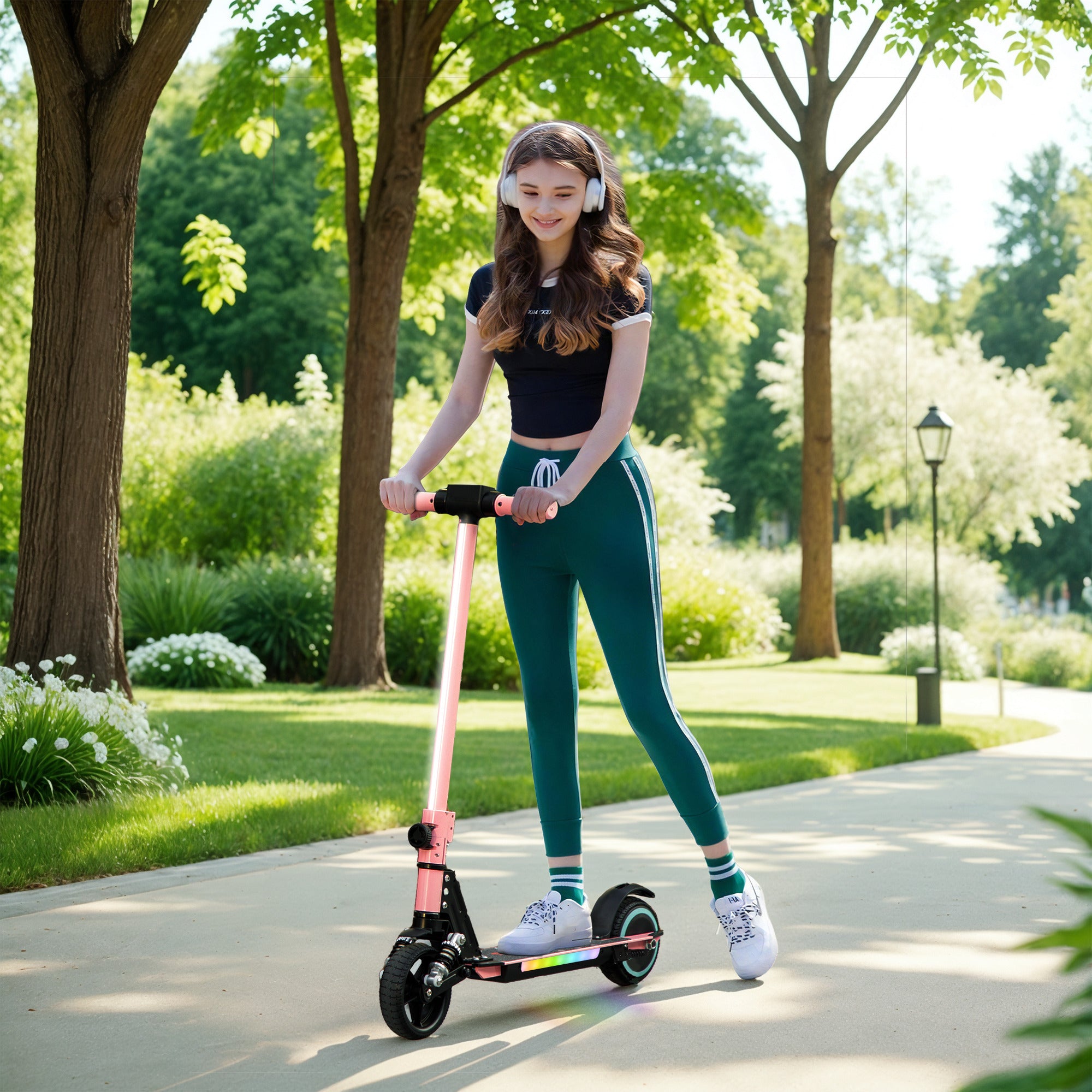 SPORTNOW Folding Electric Scooter for Kids Age 6-14 with Dual Brakes, Front Suspension, LED Colourful Lights and Display, 6.8kg Lightweight Aluminium E Scooter, Up to 14 KM/H & 6 KM, Pink - anydaydirect
