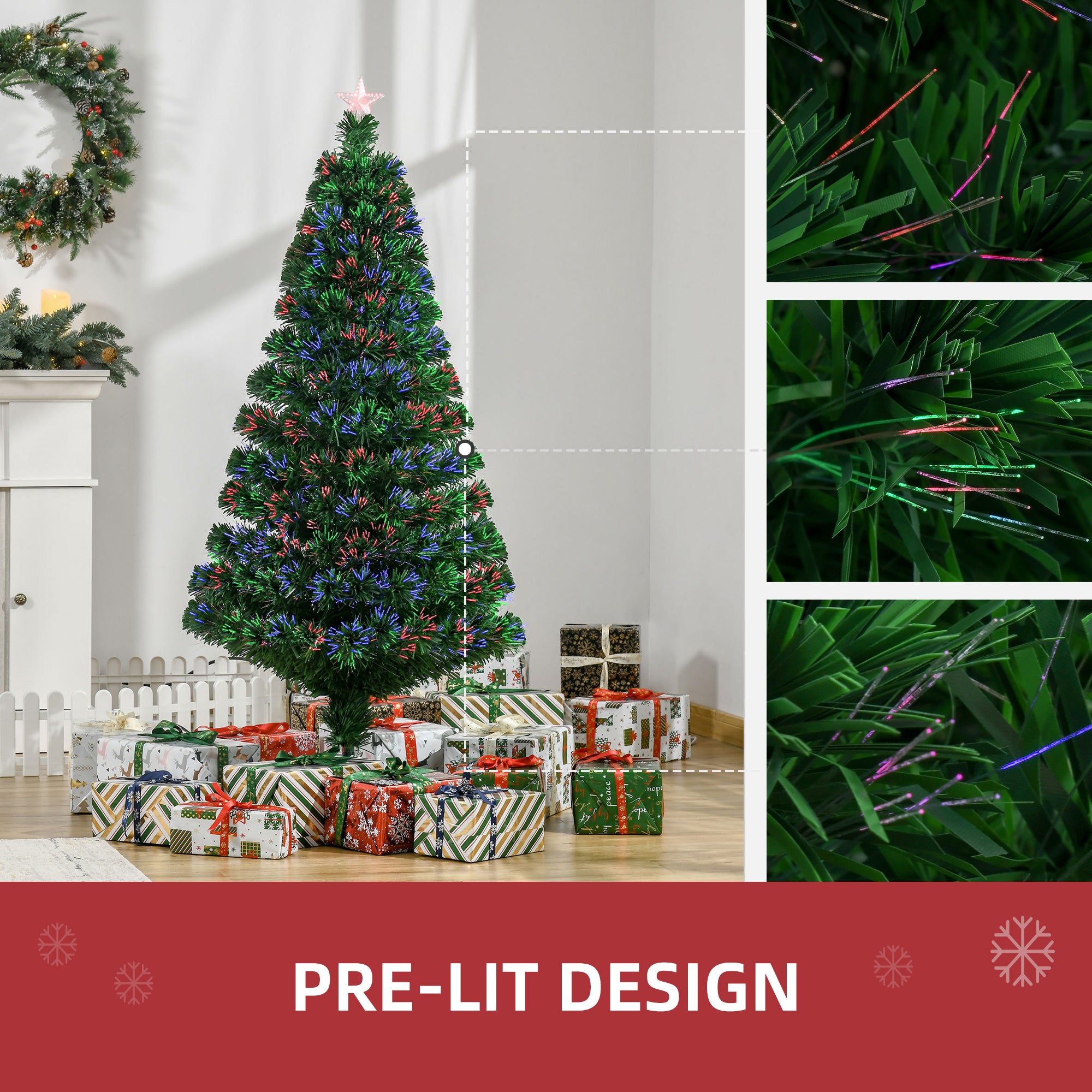 HOMCOM 5FT Green Fiber Optic Xmas Tree Pre-Lit Fibre Optic Artificial Christmas Tree Multi-Colour - anydaydirect