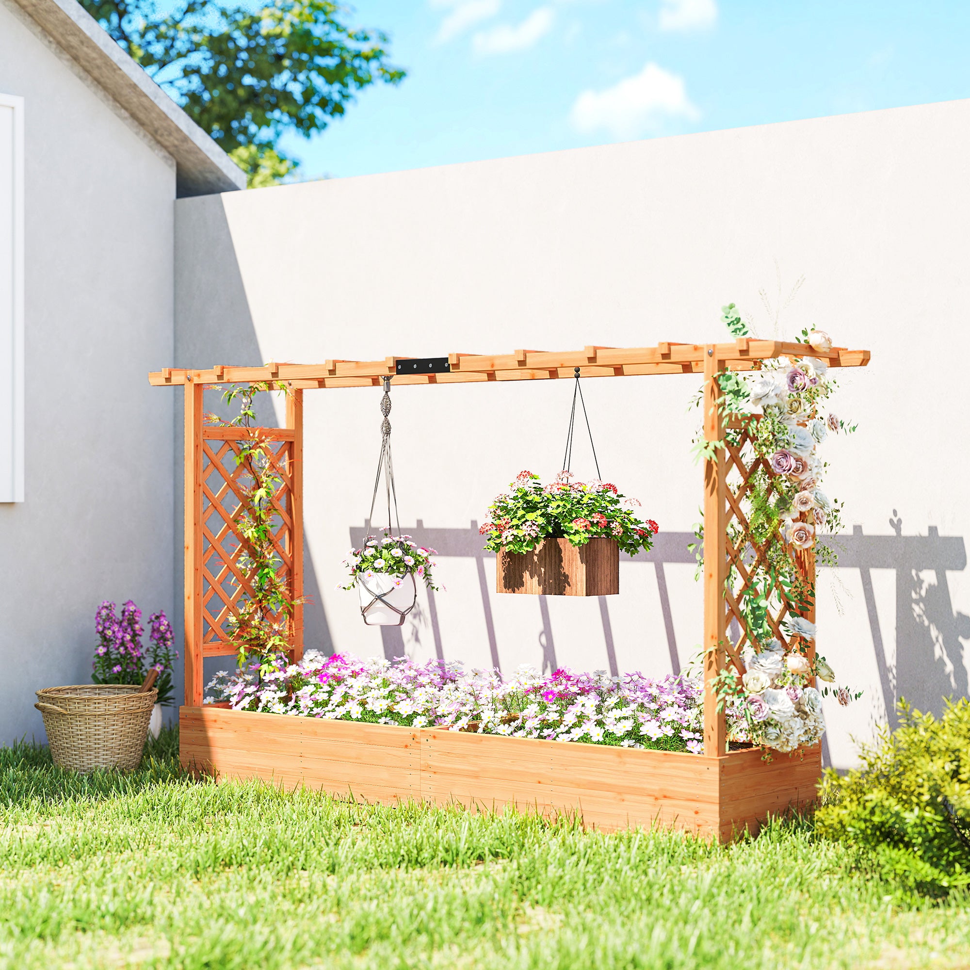 Outsunny Raised Planter with Trellis, Wooden Raised Bed for Garden with Hanging Roof and Drainage Holes, Outdoor Planter Box - anydaydirect