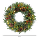 HOMCOM 60cm Pre-Lit Christmas Wreath for Front Door with LED Lights, Pine Cones and Red Berries, Winter Wreath for Windows, Wall Decoration, Green - anydaydirect