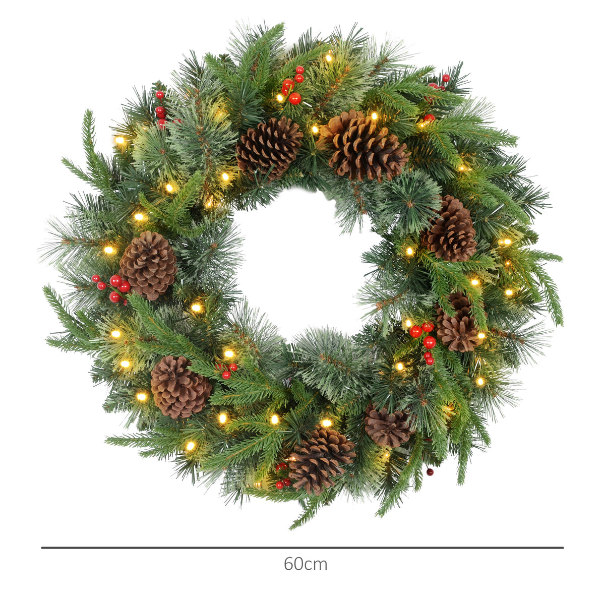 HOMCOM 60cm Pre-Lit Christmas Wreath for Front Door with LED Lights, Pine Cones and Red Berries, Winter Wreath for Windows, Wall Decoration, Green - anydaydirect