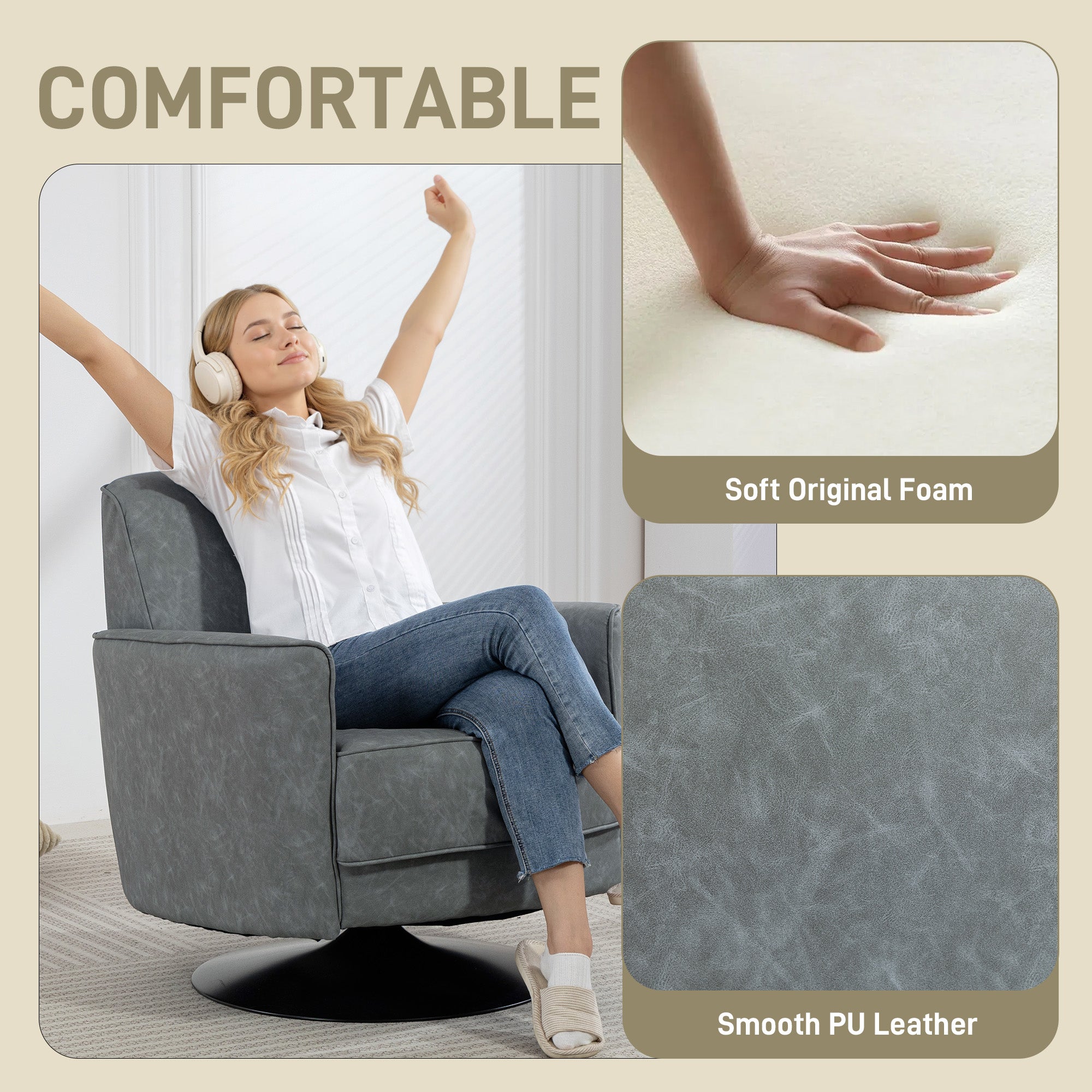 HOMCOM Upholstered Swivel Accent Chair with Thick Padding, Grey - anydaydirect