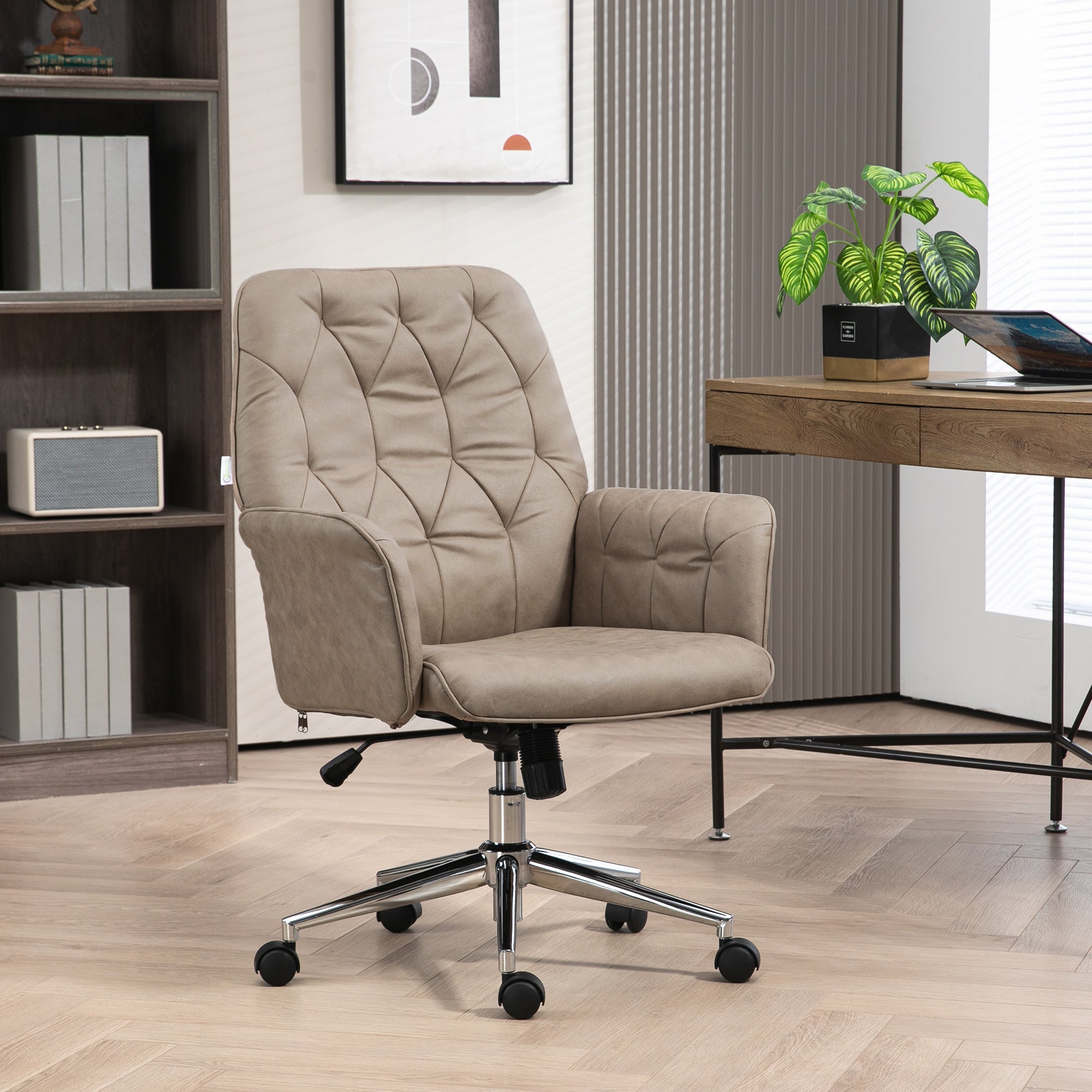 Vinsetto Microfibre Computer Chair with Armrest, Modern Swivel Chair with Adjustable Height, Khaki - anydaydirect
