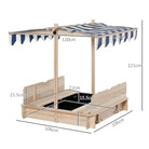 Outsunny Kids Wooden Sand Pit with Lids Children Sandbox Height Adjustable Canopy for Garden, Convertible Bench Seat Outdoor Backyard Playset, Blue and White Canopy - anydaydirect