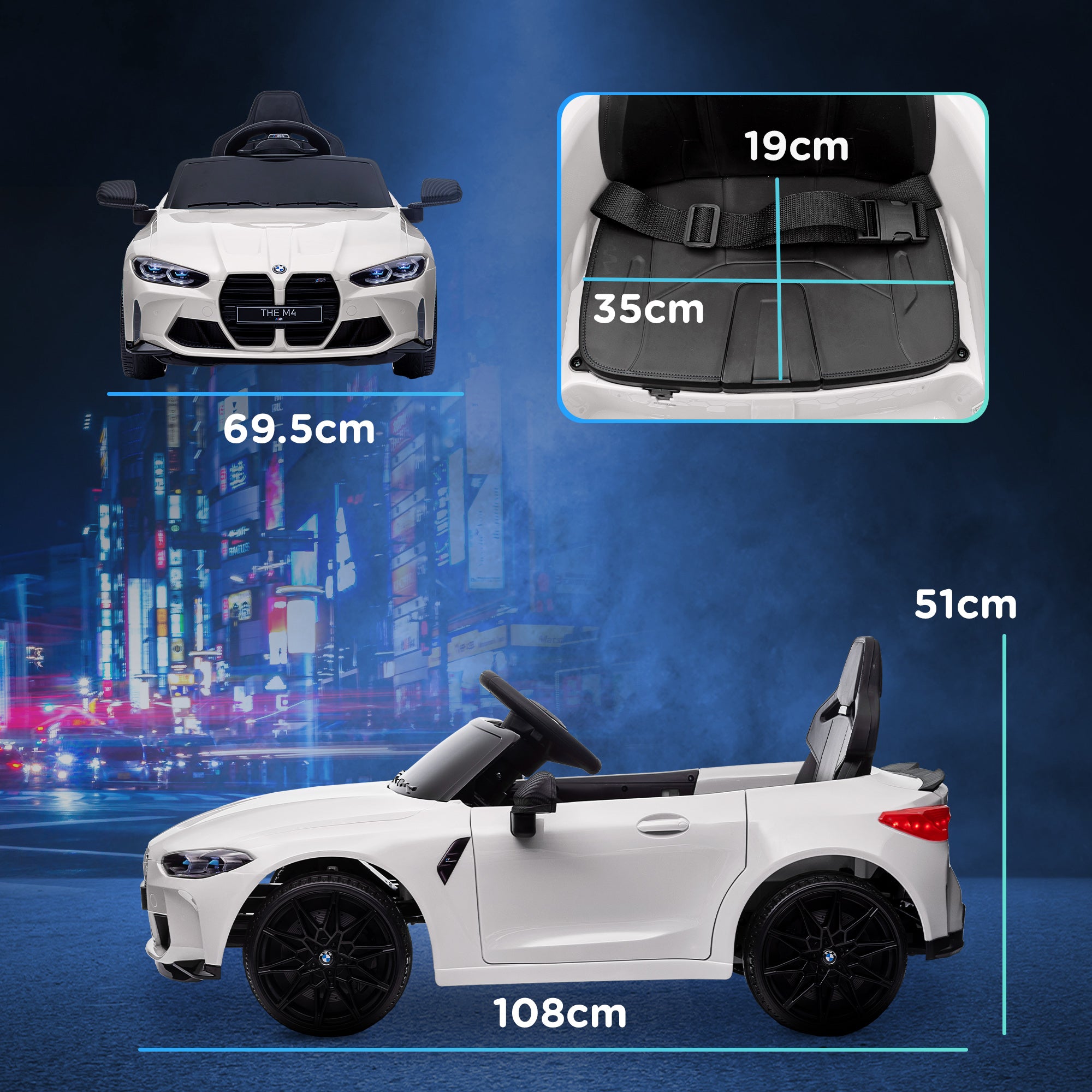 AIYAPLAY 12V BMW M4 Licensed Kids Car with Easy Transport, Remote Control, Suspension, Music, Horn, LED Lights - White - anydaydirect