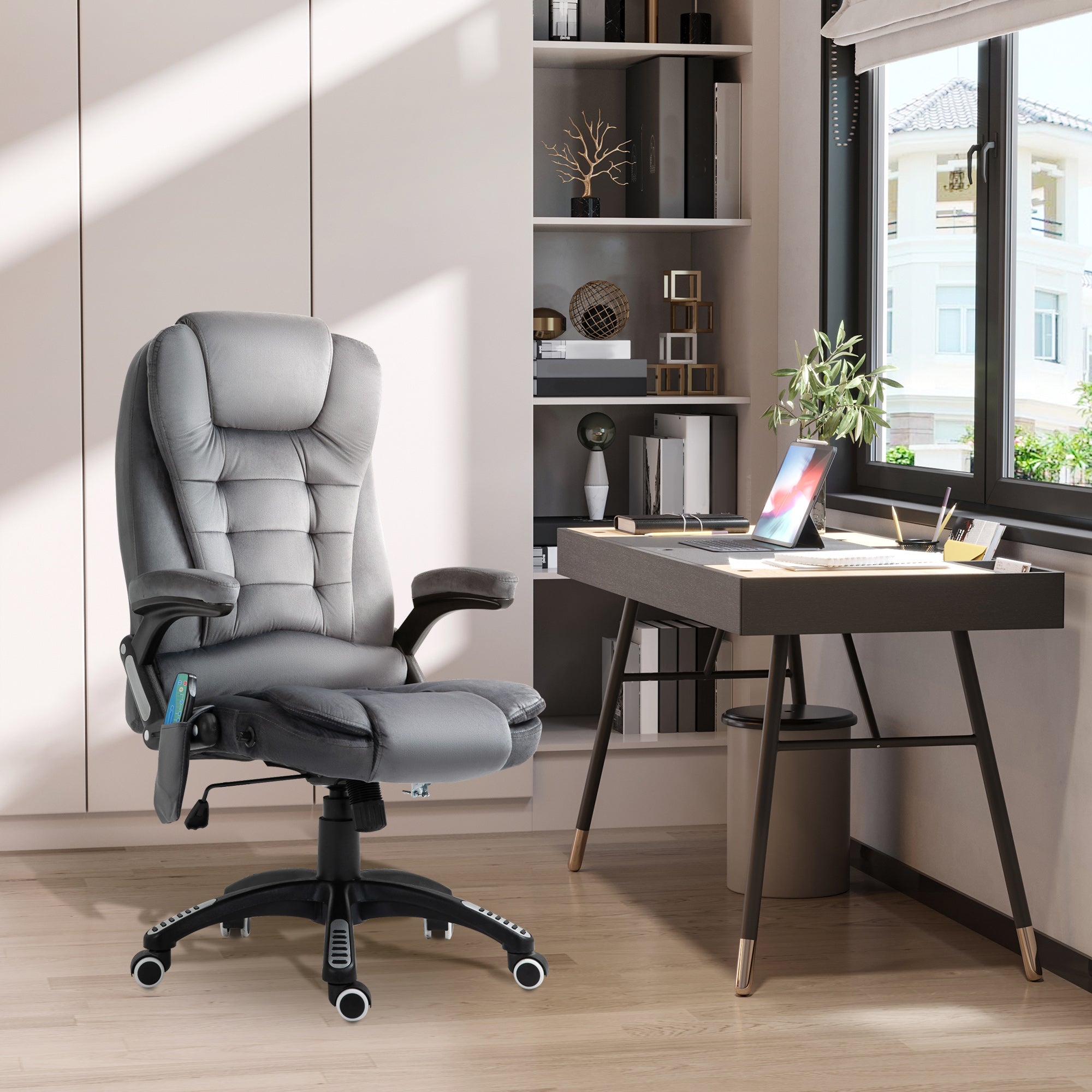Vinsetto Massage Recliner Chair Heated Office Chair with Six Massage Points Velvet-Feel Fabric 360° Swivel Wheels Grey - anydaydirect
