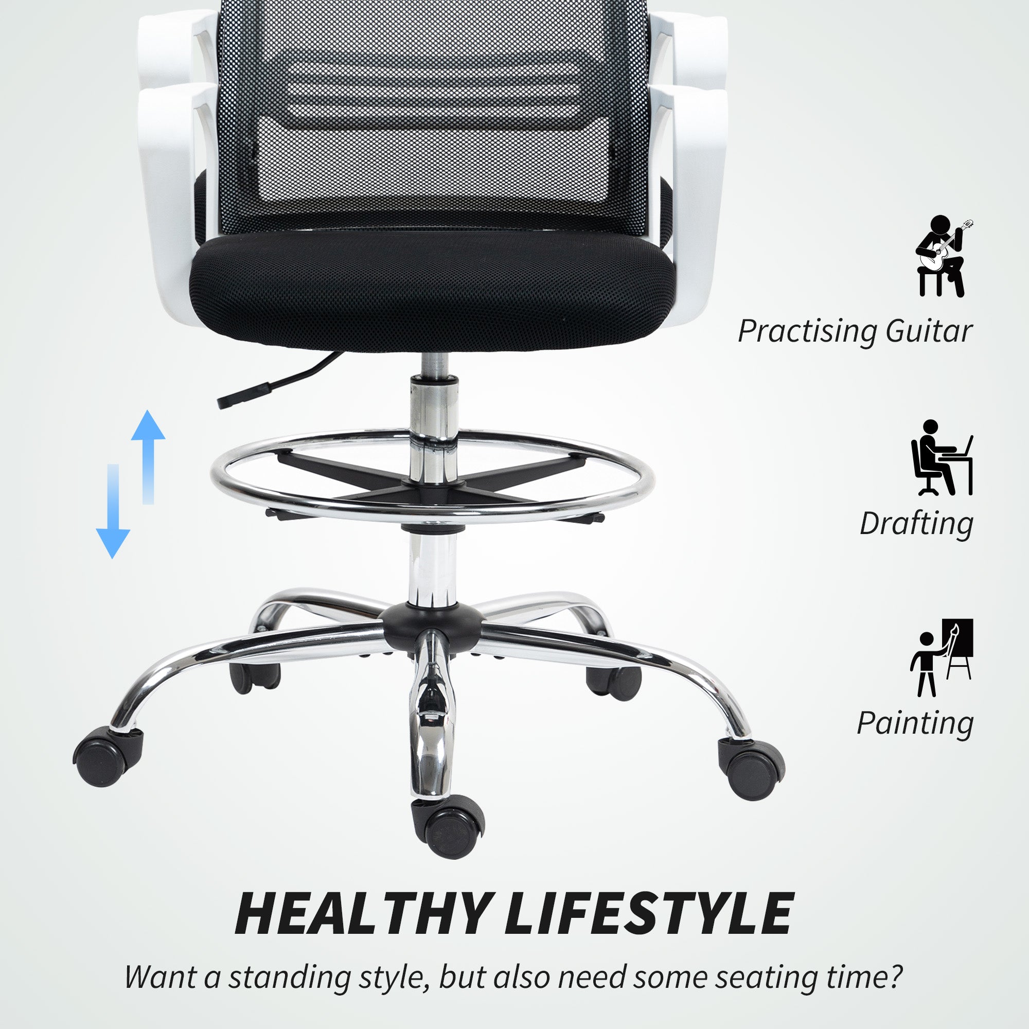 HOMCOM Draughtsman Chair, Mesh Drafting Chair, Ergonomic Office Chair with Lumbar Support, Adjustable Foot Ring, Black - anydaydirect