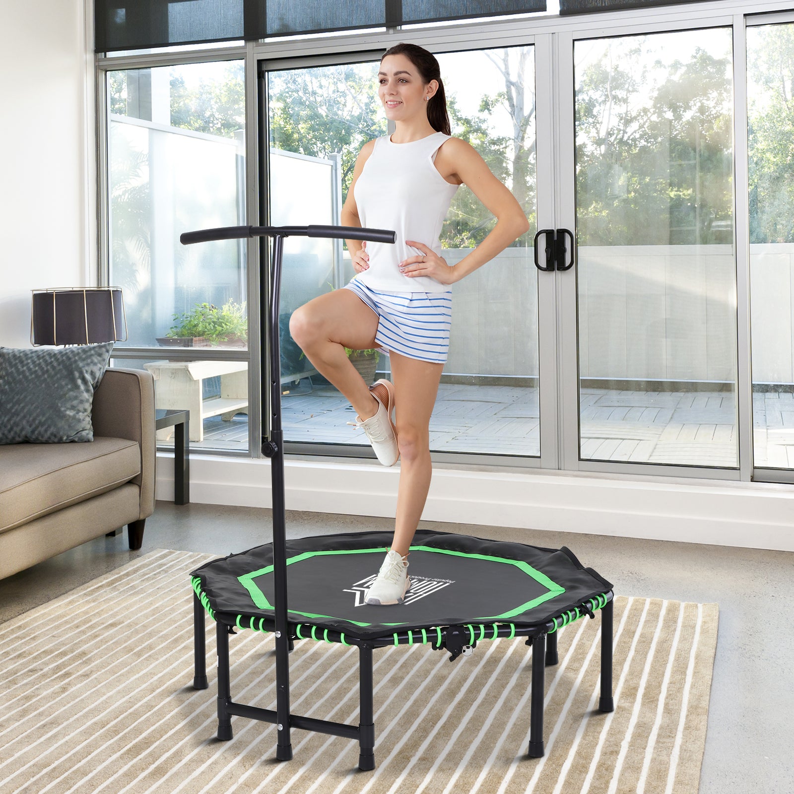 HOMCOM 48" Octagonal Mini Fitness Rebounder Trampoline Indoor Outdoor Foldable Mini Jumper with Adjustable Handle, Green - anydaydirect