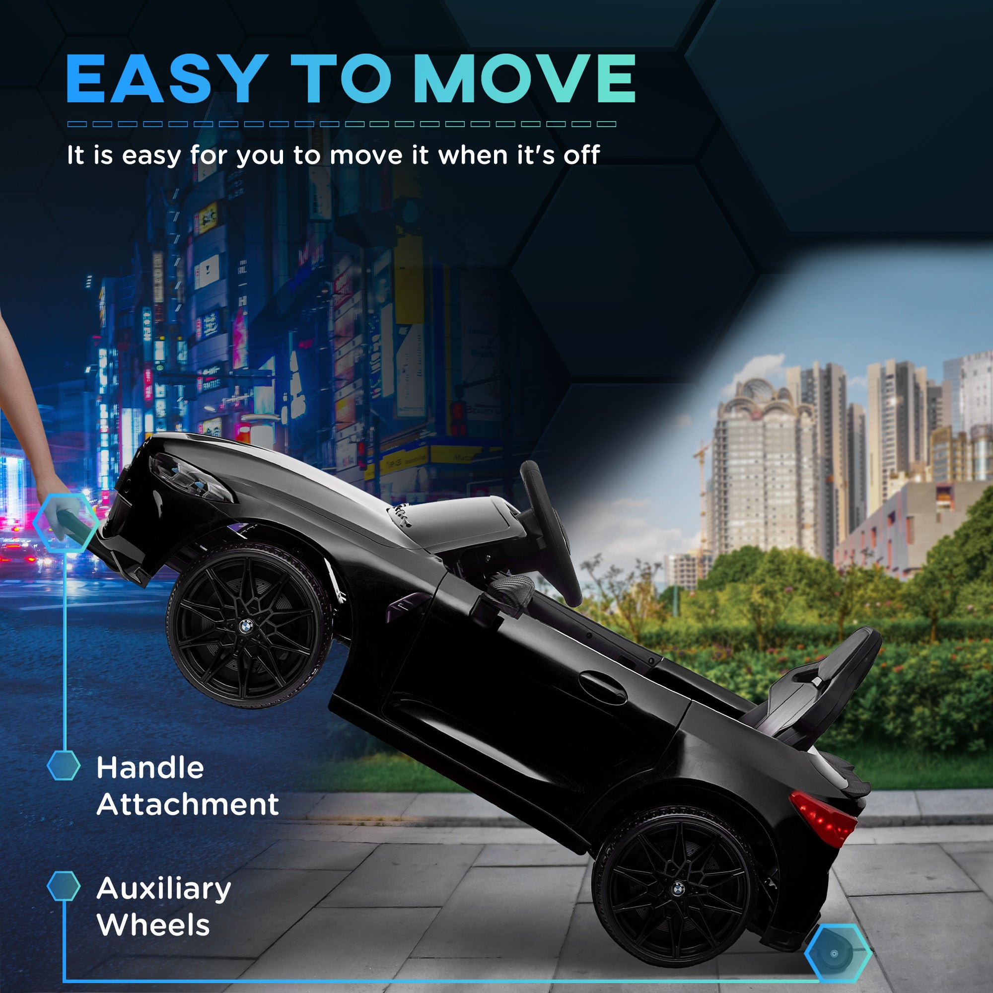 AIYAPLAY 12V BMW M4 Licensed Kids Car with Easy Transport, Remote Control, Suspension, Music, Horn, LED Lights - Black - anydaydirect