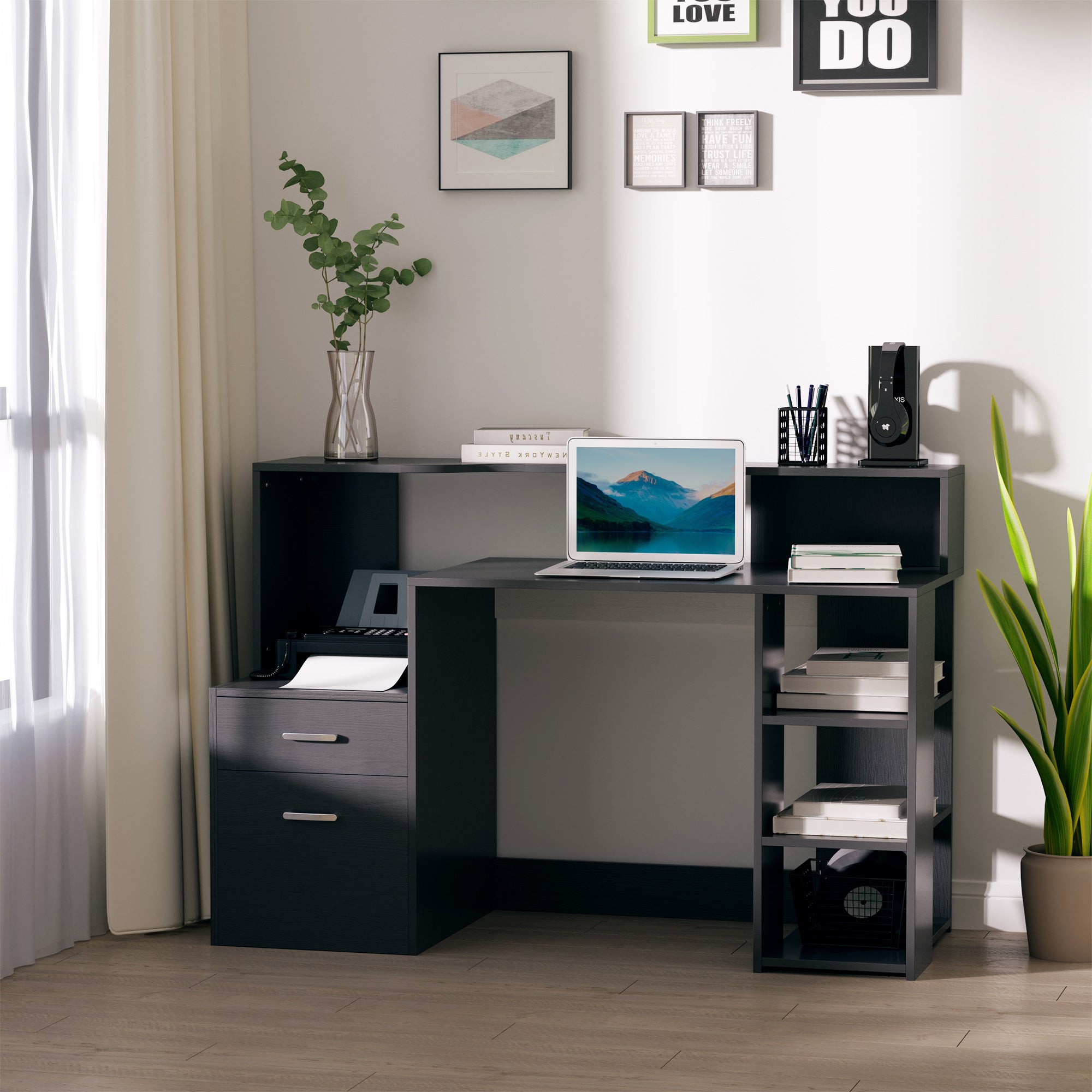 HOMCOM Computer Desk with Drawers and Storage Shelves, Reception Desk, Study Workstation for Home Office, 137 x 55 x 92cm, Black - anydaydirect