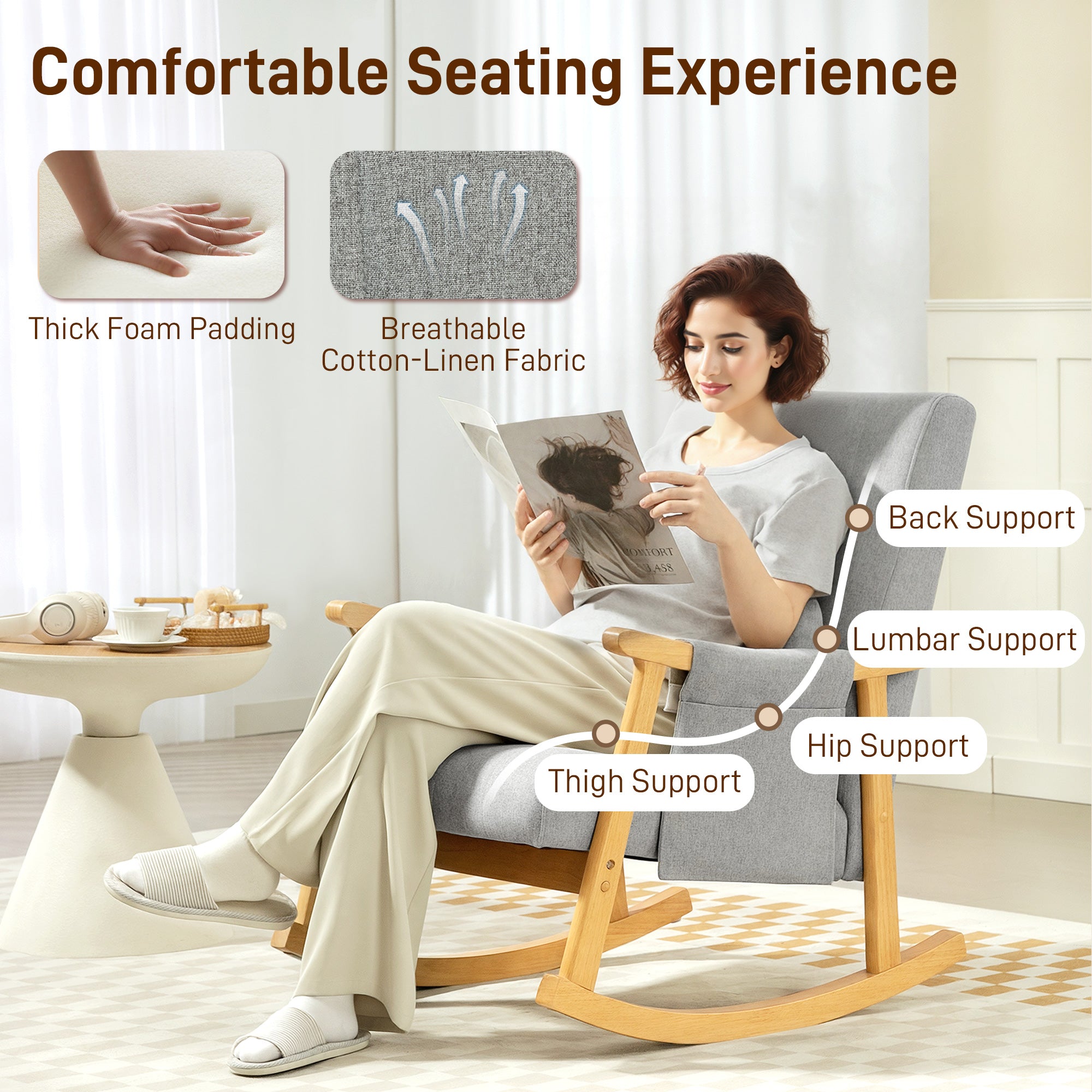 HOMCOM Wood Frame Rocking Accent Chair - Light Grey - anydaydirect