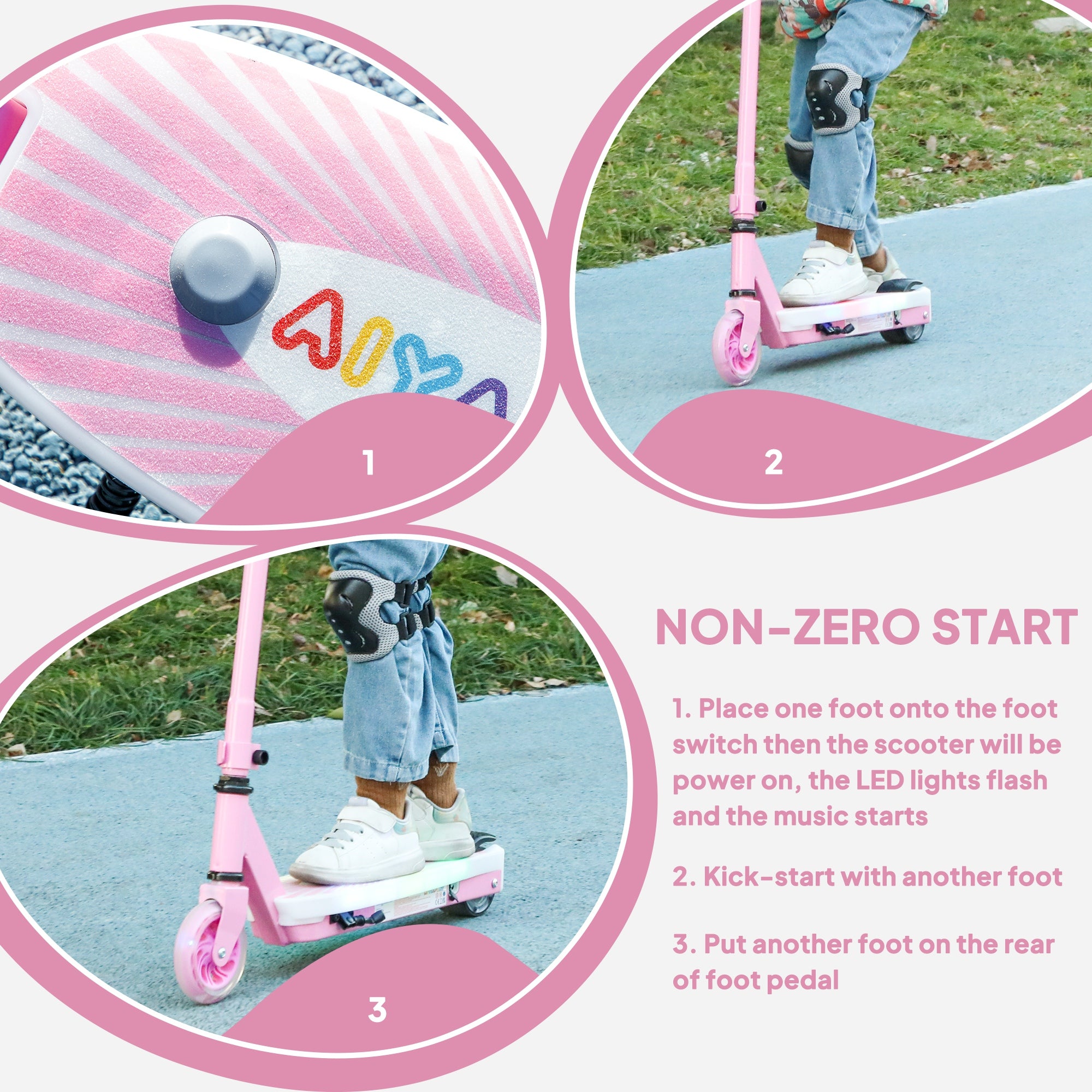 AIYAPLAY Electric Scooter for Kids Ages 4-7, with Auxiliary Rear Wheels, Flashing LED Light and Electric Brake, Kids Electric Scooter for Boys Girls, 6 KM/H & 8 KM, Pink - anydaydirect