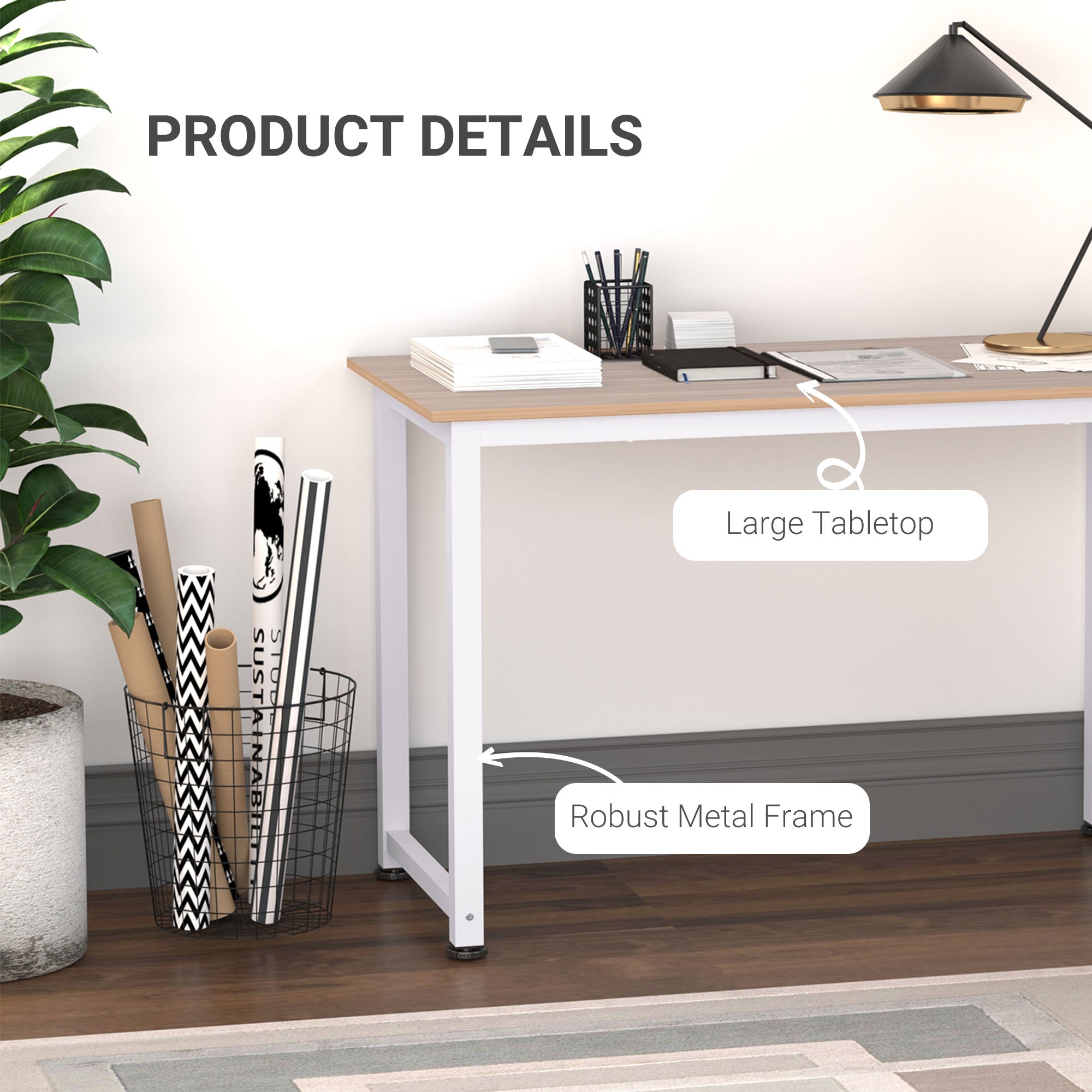 HOMCOM Computer Desk, Writing Table, 120 x 60 x 76cm Workstation for Home Office, Study with Metal Frame, Simple Assembly, White - anydaydirect