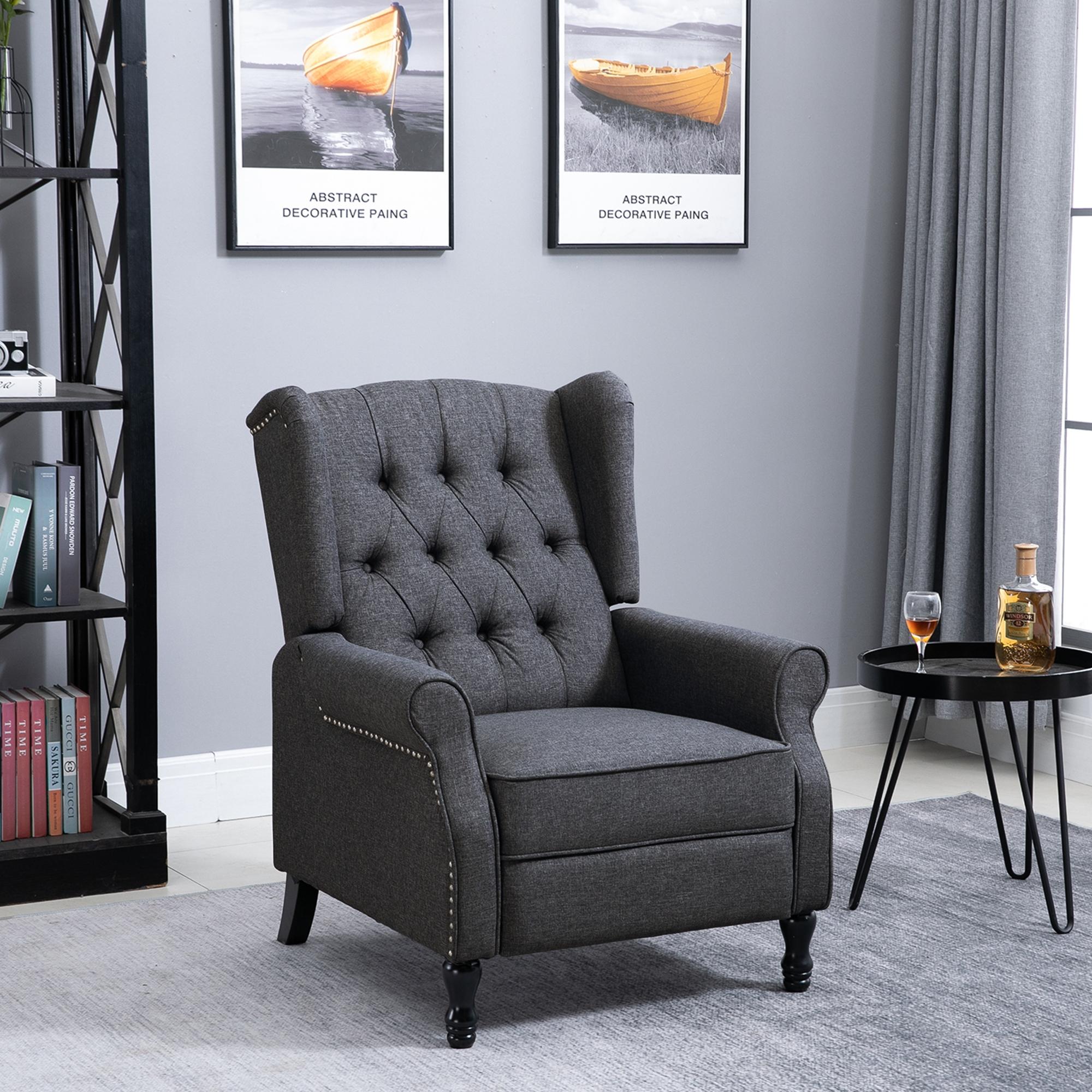 HOMCOM Recliner Armchair, Vintage Reclining Chair with Nail Head Trim, Wingback Chair with Button Tufted Back and Footrest, for Living Room, Dark Grey - anydaydirect