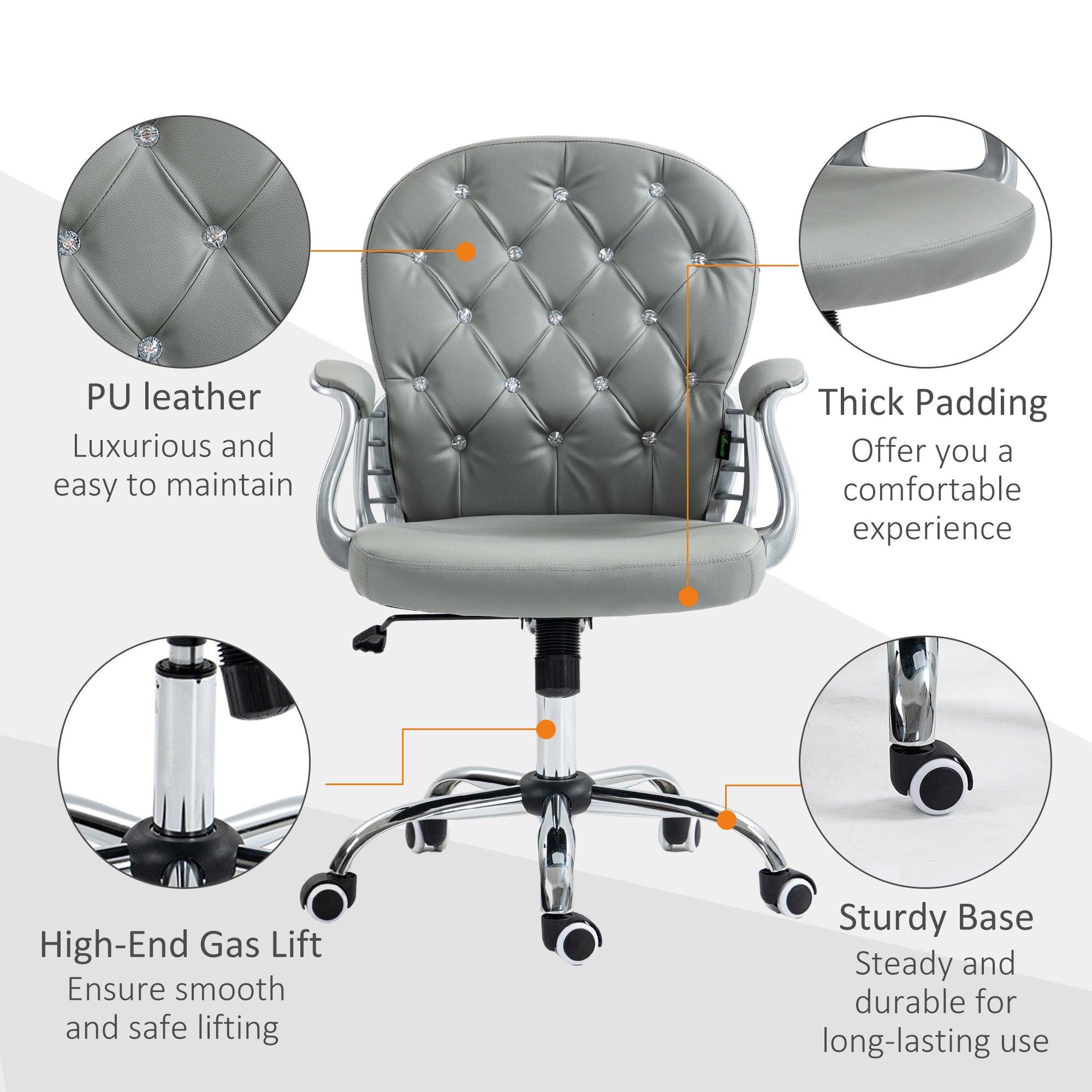 Vinsetto Office Chair Ergonomic 360° Swivel PU Diamante Padded Base 5 Castor Wheels for Home Work Grey - anydaydirect
