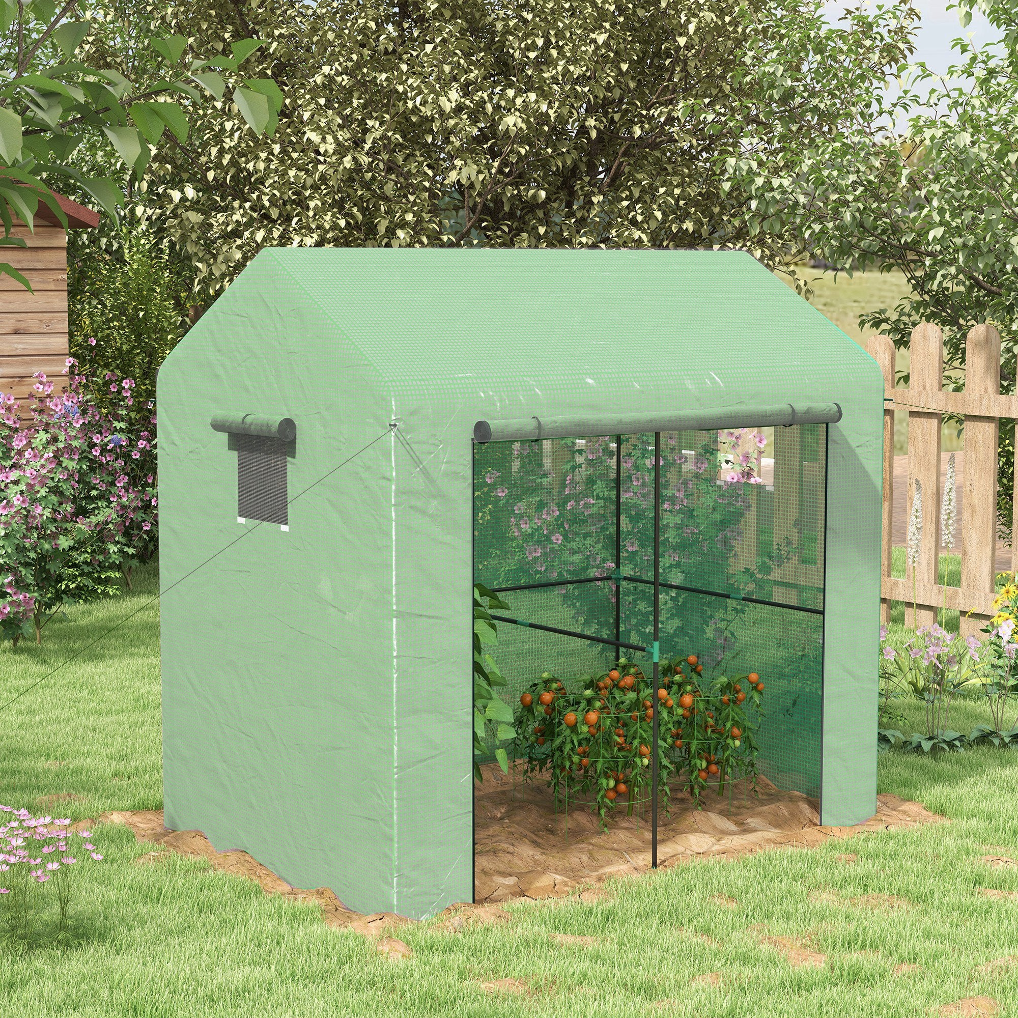 Outsunny Greenhouse, Walk-in Garden Grow House with Roll-up Door and Mesh Windows, 200 x 140 x 200cm, Green - anydaydirect