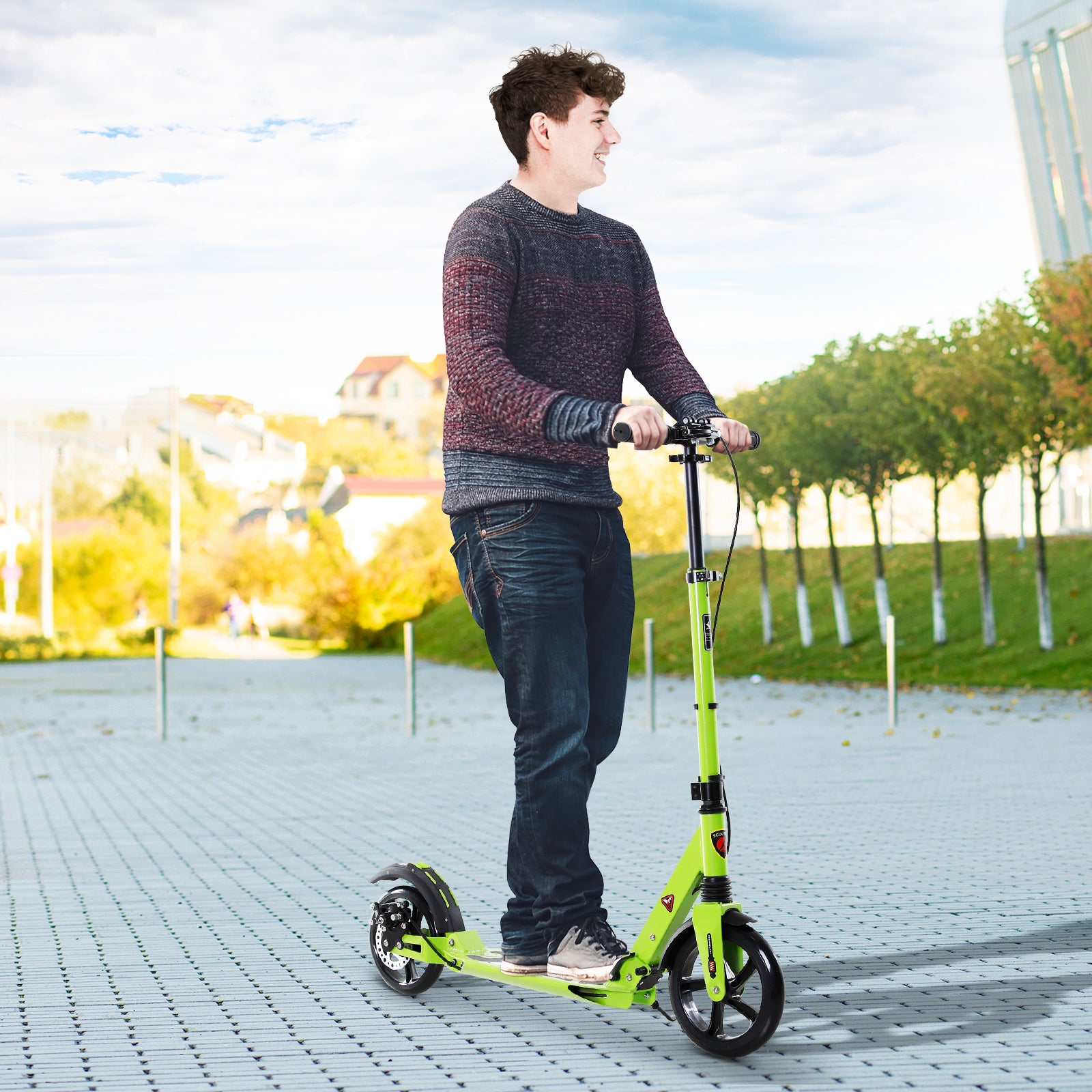 HOMCOM Kick Scooter, Folding 2 Wheel Scooter for 14+ Teens Adults, with Dual Brake System, Dual Suspension, 230mm Big Wheels, 3 Adjustable Handlebar, up to 100KG, Green - anydaydirect