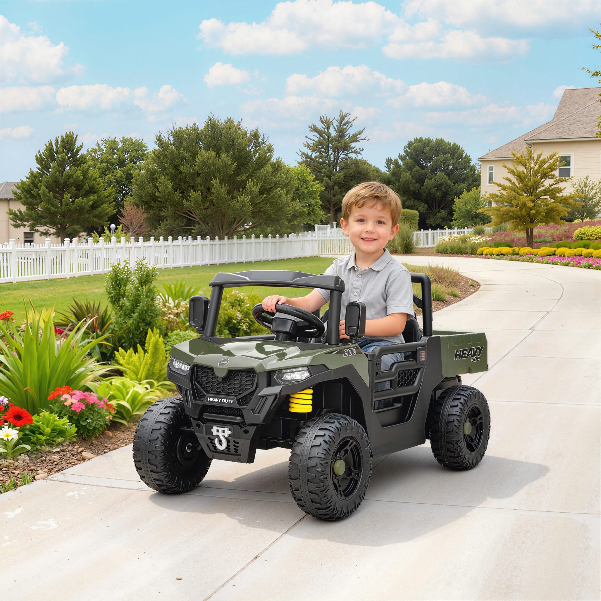 AIYAPLAY Kids Ride on Car, 12V Electric Kids UTV with Electric Dump Bed, 4-Wheel Suspension for 3-8 Years, Green - anydaydirect
