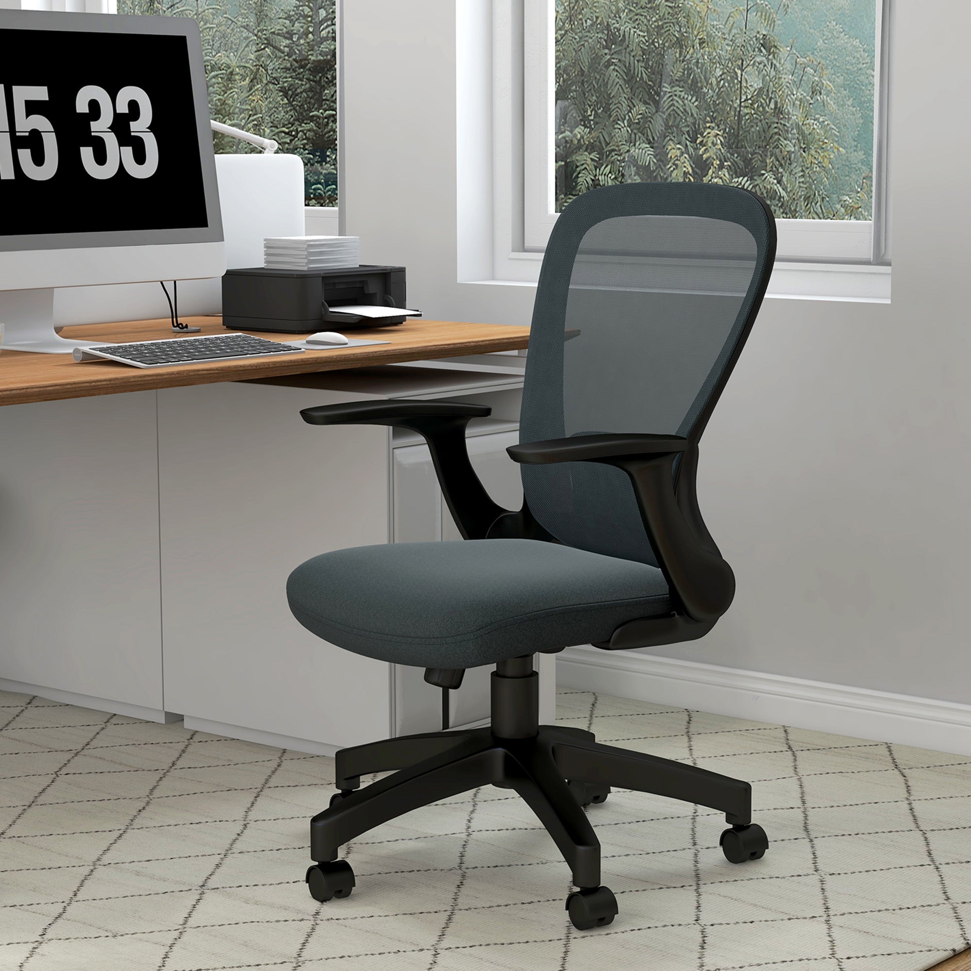 Vinsetto Ergonomic Office Chair, Mesh Desk Chair with Flip-up Armrest, Lumbar Back Support, Swivel Wheels, Grey - anydaydirect