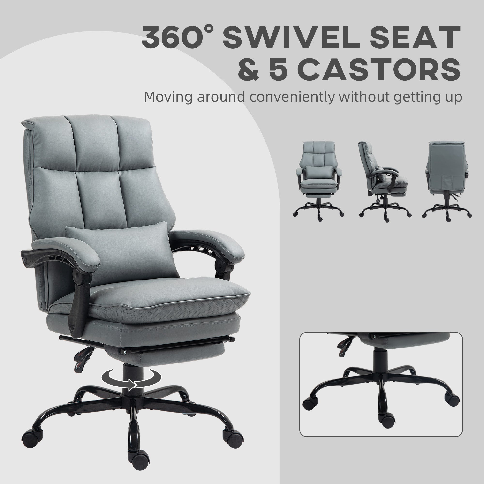 HOMCOM Faux Leather Reclining Office Chair, with Footrest - Grey - anydaydirect