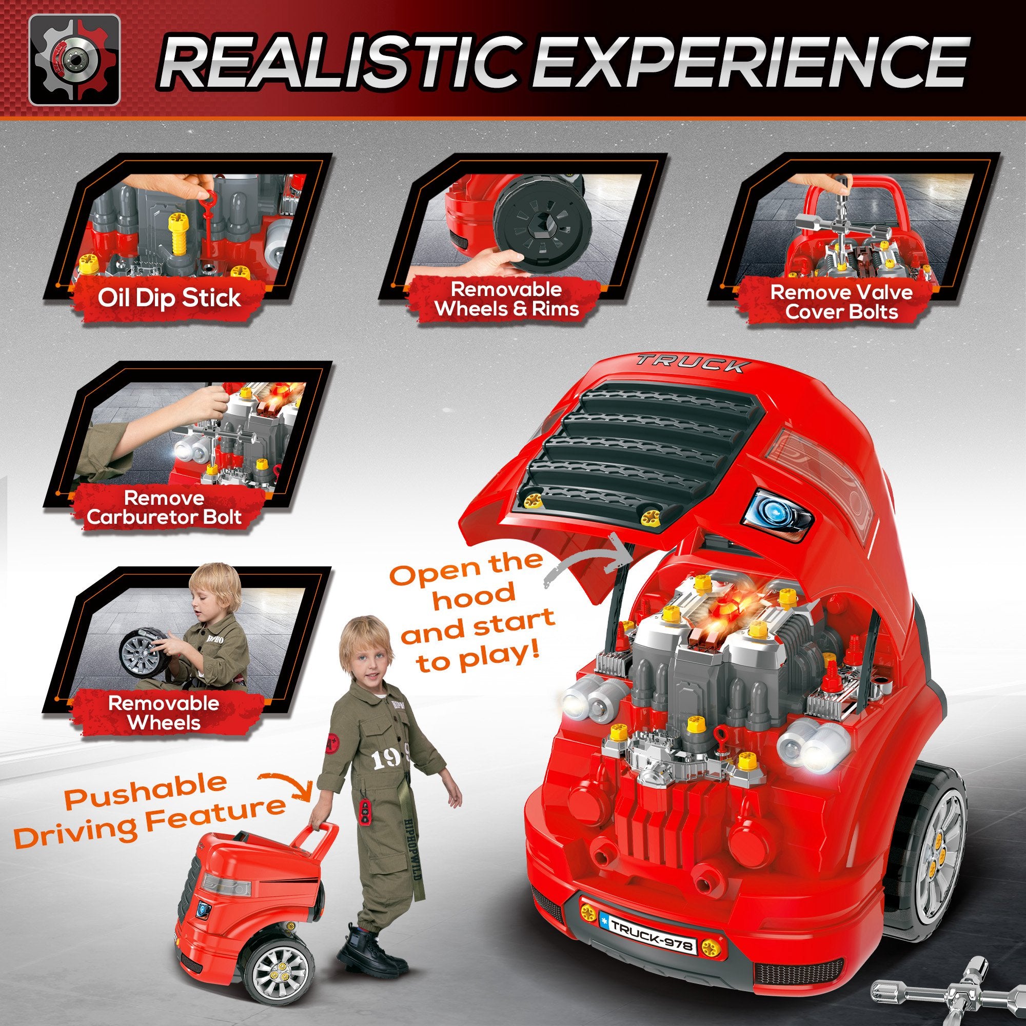 HOMCOM Kids Toy Truck Set, Toddler Educational Car Service Station Playset, Take Apart Workshop, w/ RC Car Key, Light, for 3-5 Years Old Red - anydaydirect