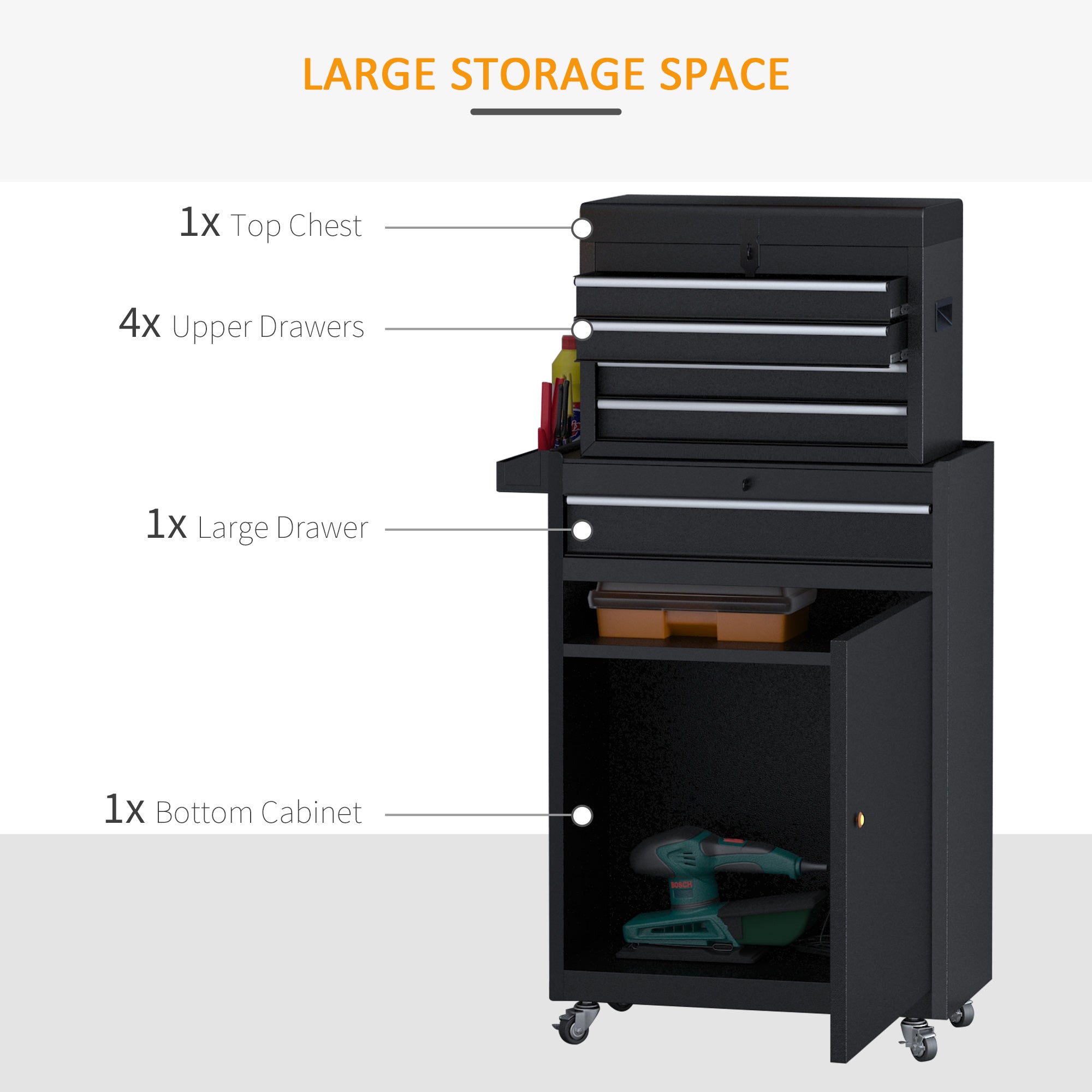DURHAND Tool Chest 2 in 1 Metal Tool Cabinet Storage Box with 5 Drawers Pegboard Wheels 60x28x104.5cm Black - anydaydirect