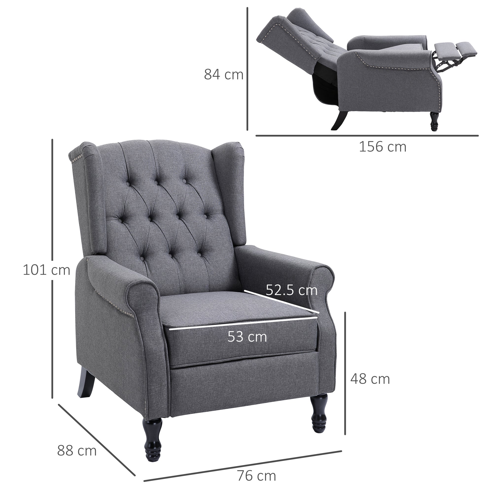 HOMCOM Recliner Armchair, Vintage Reclining Chair with Nail Head Trim, Wingback Chair with Button Tufted Back and Footrest, for Living Room, Grey - anydaydirect