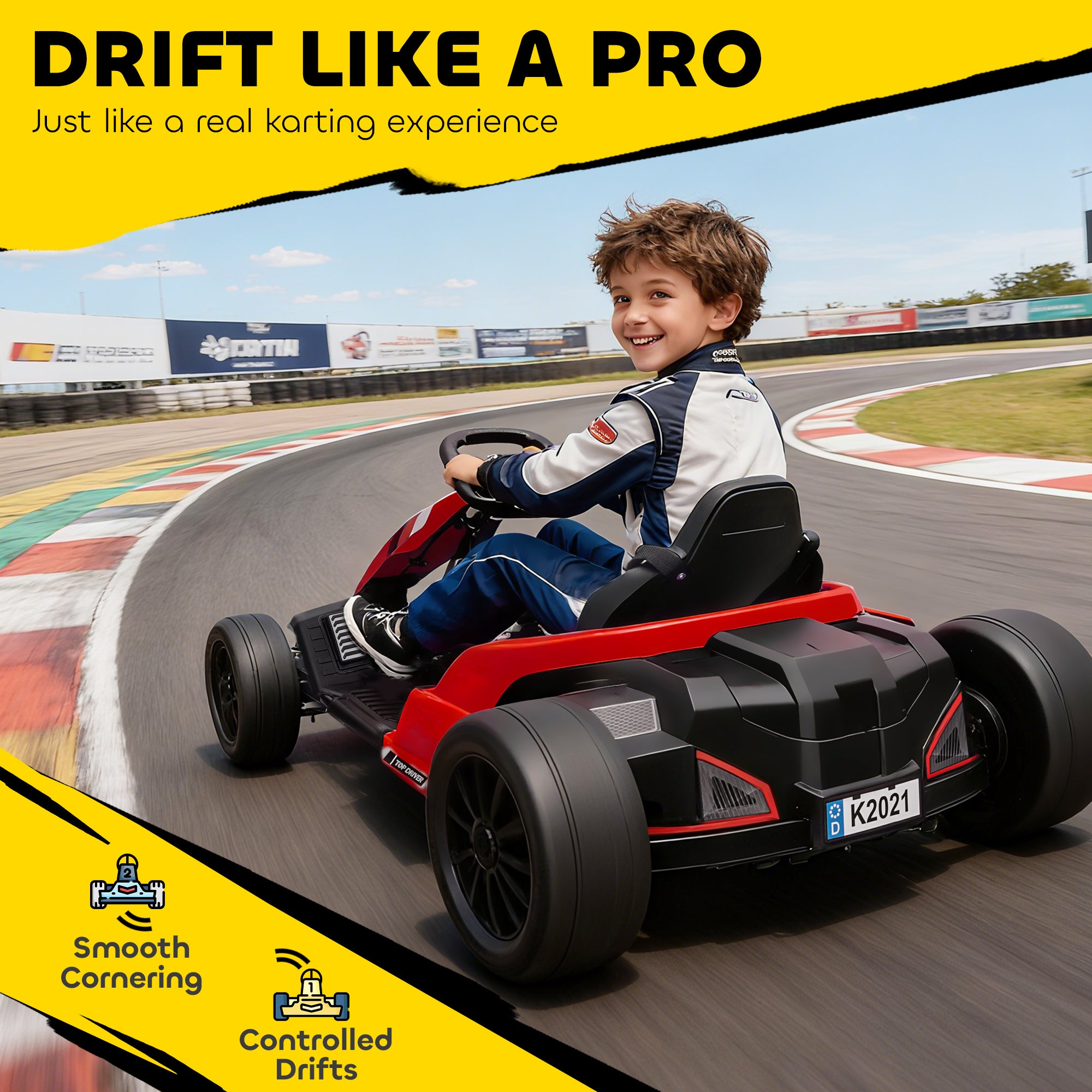 AIYAPLAY 24V Electric Go Kart, Drift Kart with Adjustable Seat, Slow Start, 5-Point Harness, Music, Horn, for 6-12 Years, Red - anydaydirect