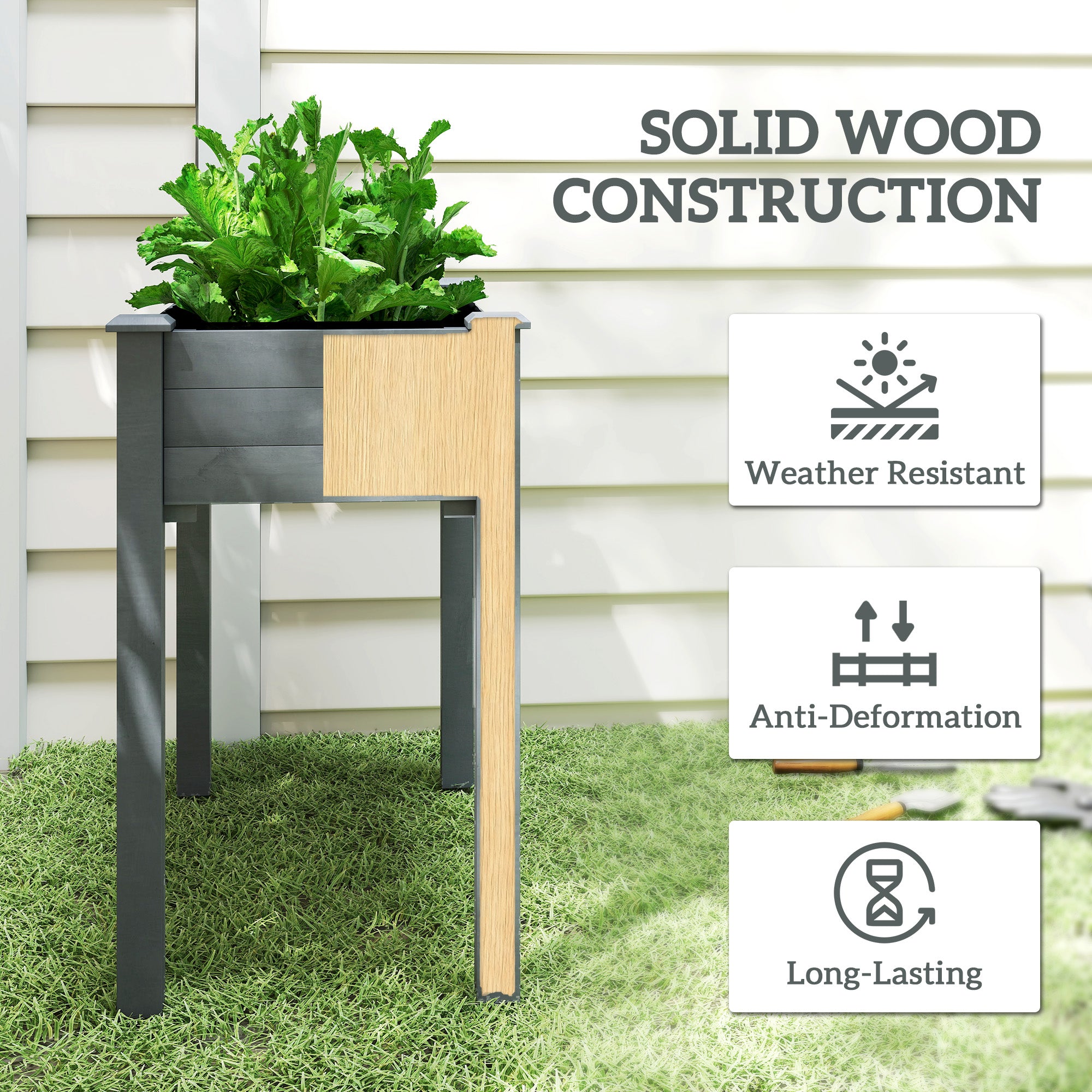 Outsunny Raised Bed for Garden, Wooden Elevated Planter Box with Bed Liner, for Flower Vegetable Herb, Dark Grey - anydaydirect