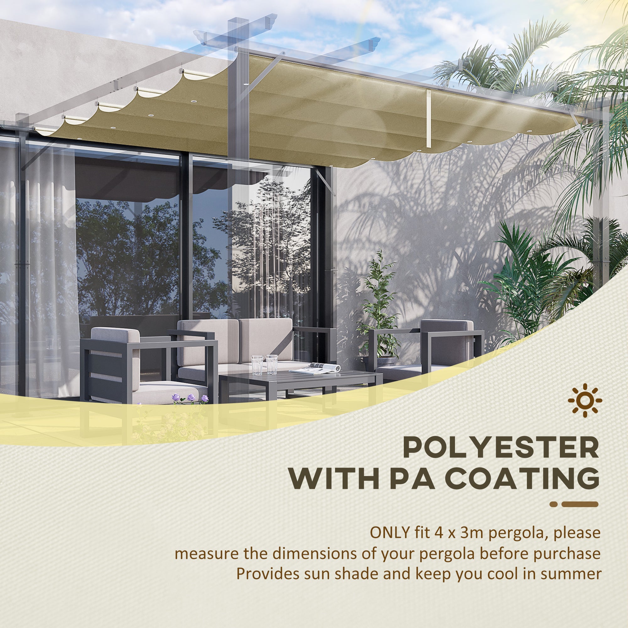 Outsunny Retractable Pergola Shade Cover, Replacement Canopy for 4 x 3 (m) Pergola, Retractable Roof, Beige - anydaydirect