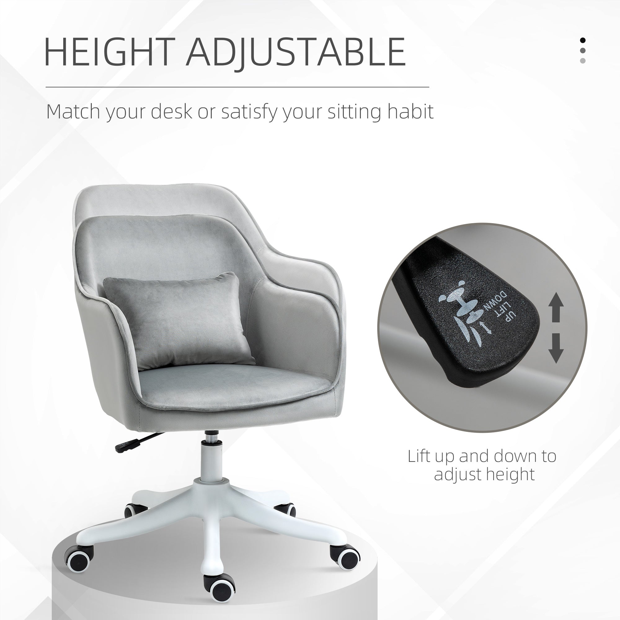 Vinsetto Velvet Office Chair, Desk Chair, Makeup Vanity Chair with Massage Lumbar Pillow and Rolling Wheels for Bedroom and Home, Grey - anydaydirect