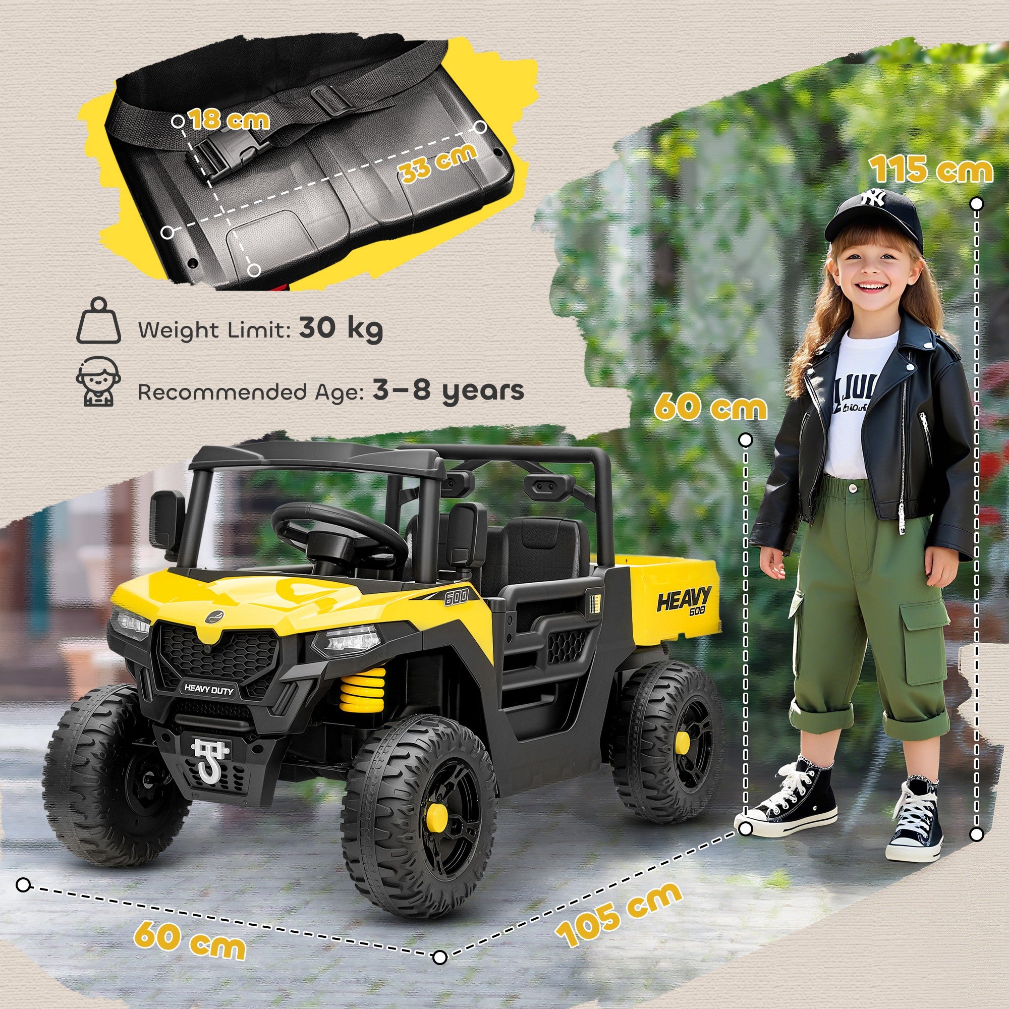 AIYAPLAY Kids Ride on Car, 12V Electric Kids UTV with Electric Dump Bed, 4-Wheel Suspension for 3-8 Years, Yellow - anydaydirect