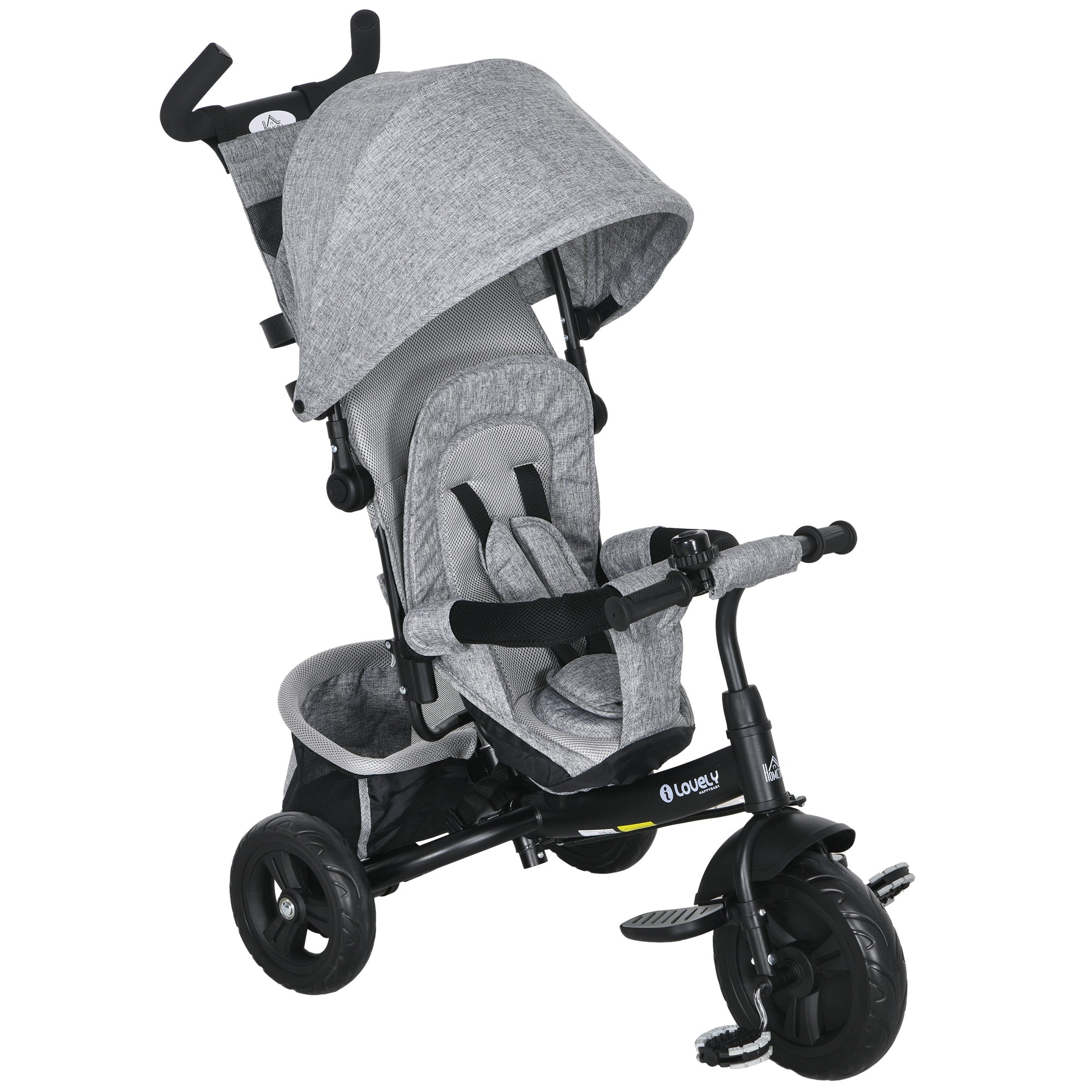 HOMCOM 4 in 1 Kids Trike Push Bike w/ Push Handle, Canopy, 5-point Safety Belt, Storage, Footrest, Brake, for 1-5 Years, Grey - anydaydirect
