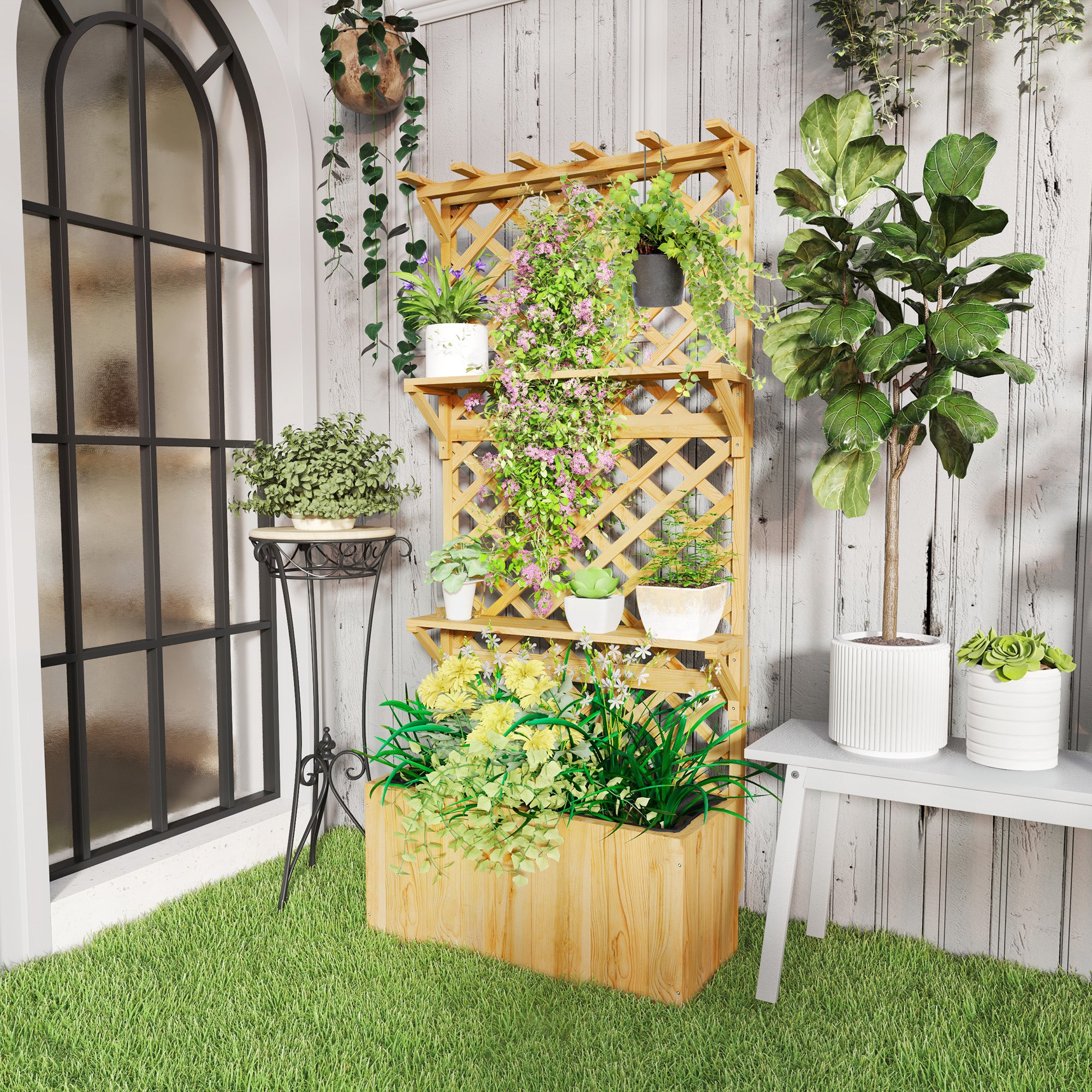 Outsunny 52L Wooden Planter, with Trellis and Shelves - Natural Finish - anydaydirect