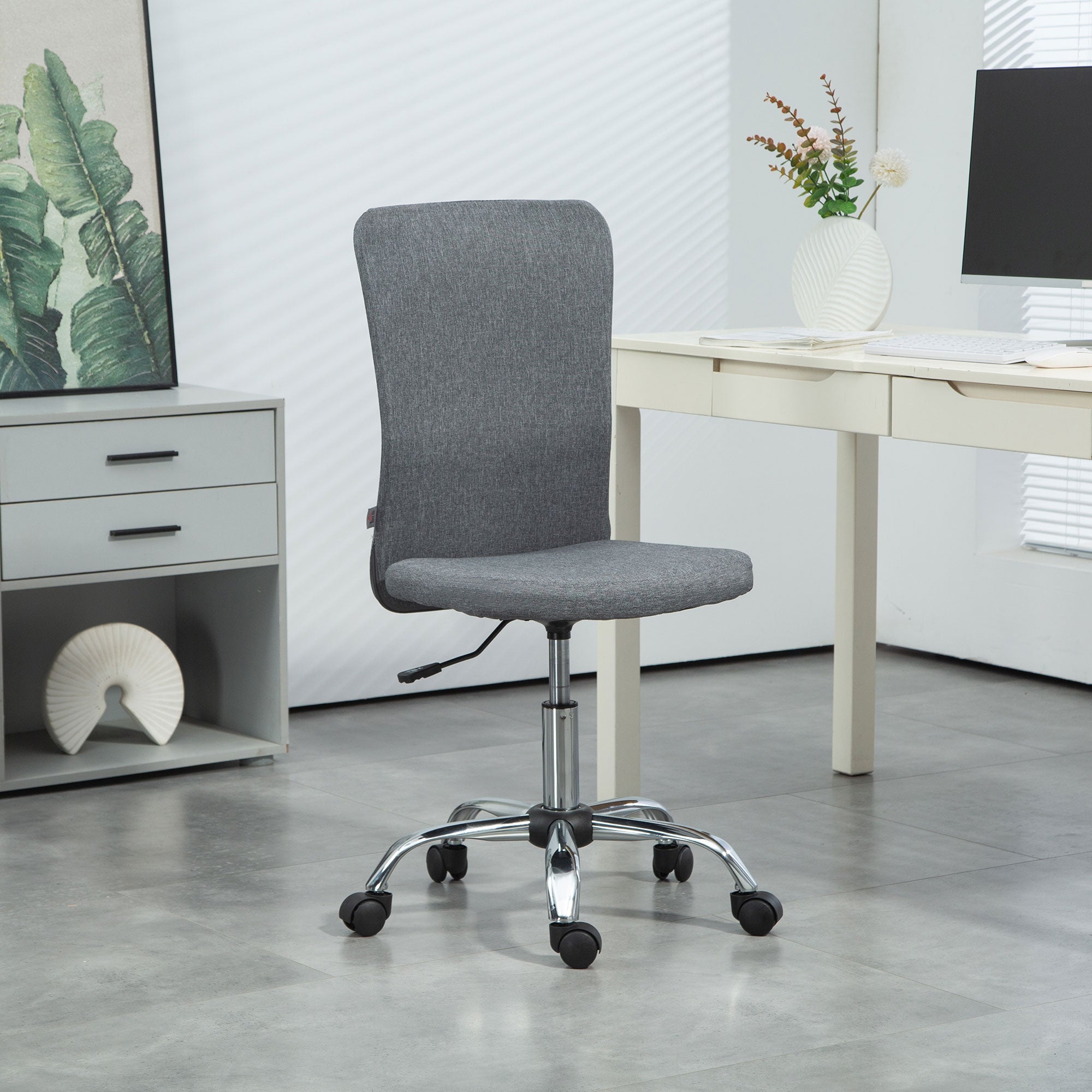 HOMCOM Armless Computer Desk Chair, Fabric Swivel Office Chair, Makeup Vanity Chair with Height Adjustable, Wheels, for Home Study Bedroom, Grey - anydaydirect