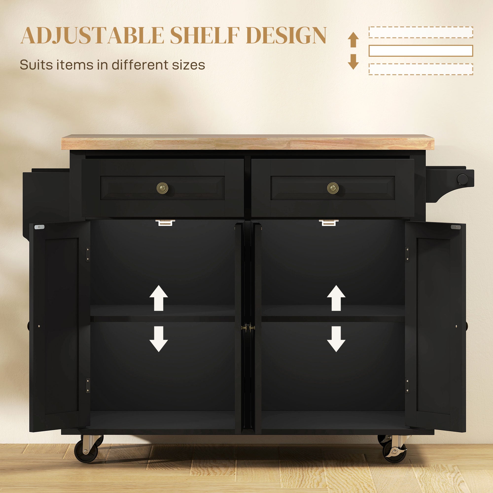 HOMCOM Rolling Kitchen Island Storage Trolley with Rubber Wood Top & Drawers for Dining Room, Black - anydaydirect