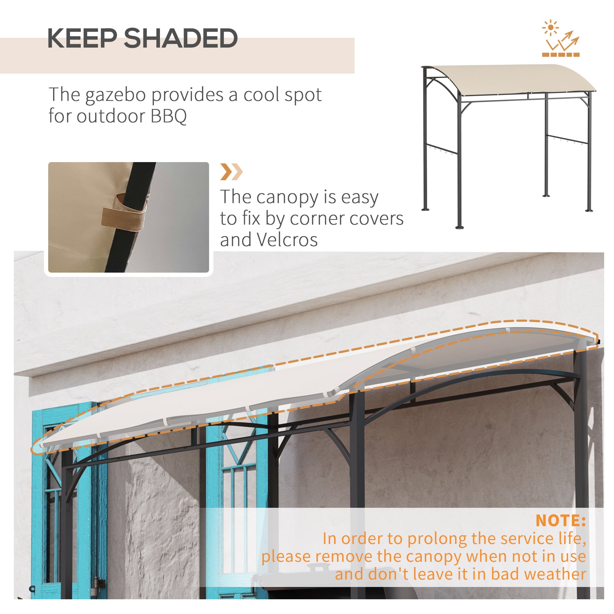 Outsunny 2.2 x 1.5 m BBQ Grill Gazebo Tent, Garden Grill with Metal Frame, Curved Canopy and 10 Hooks, Outdoor Sun Shade, Beige - anydaydirect